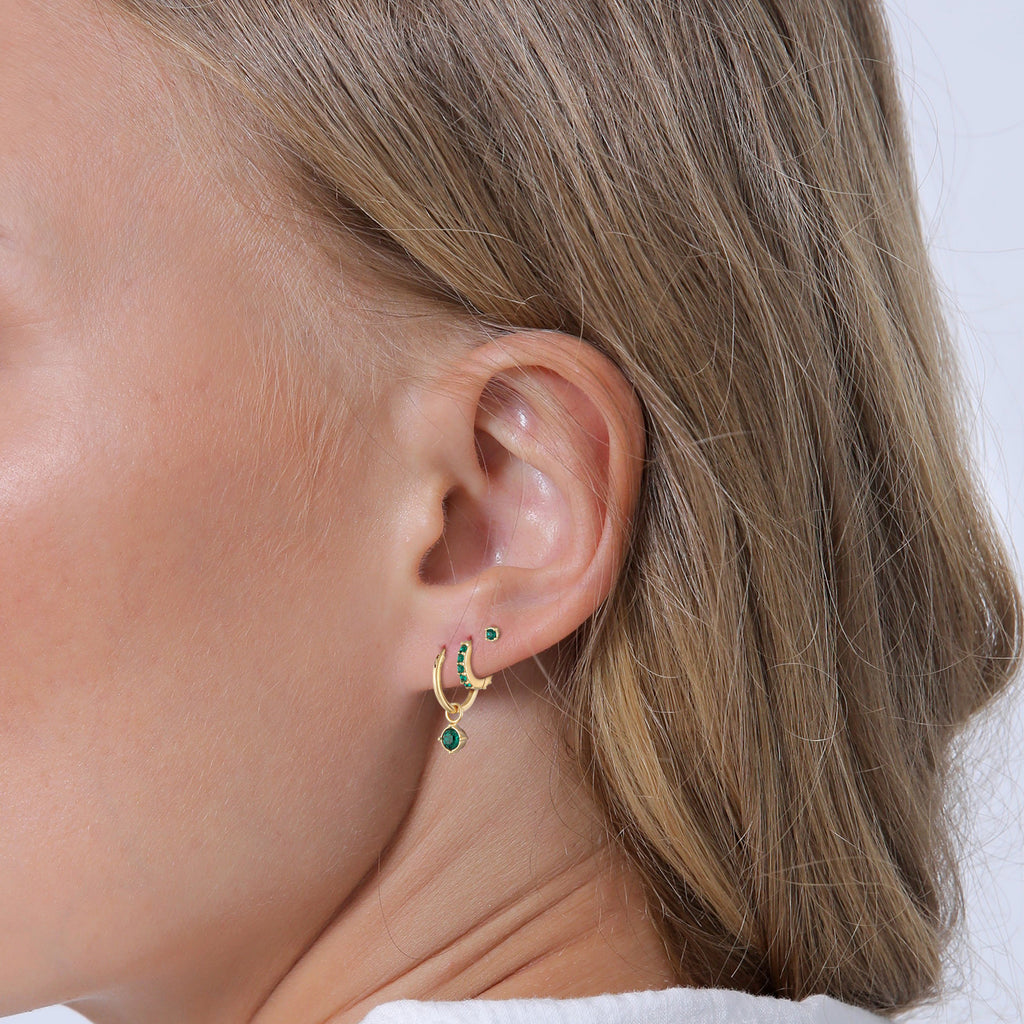 Gold Perhiasan Wanita Perak Asli - Silver Anting Set Creoles Stud Crystal Green Gold Plated