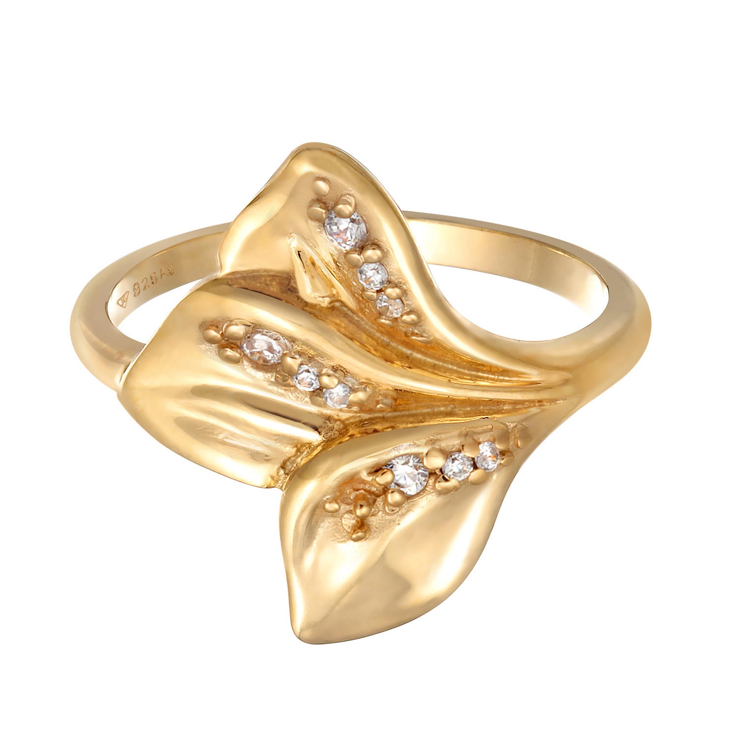 Cincin perak 925 lapis emas dengan design leaves zirconia elegan Elli Jewelry