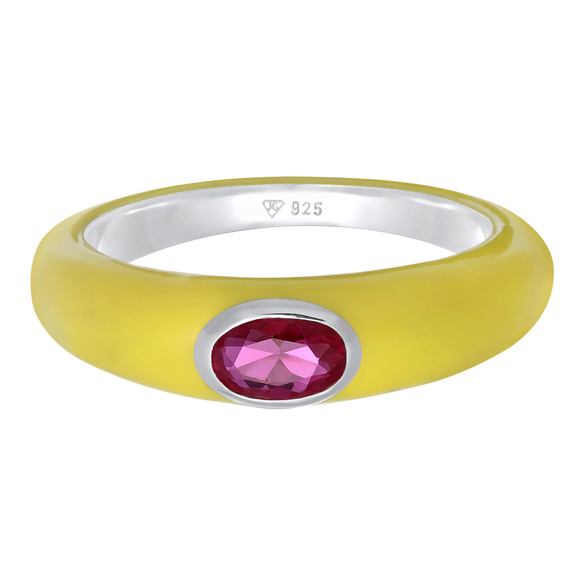 Ladies Solitaire Oval with Enamel yellow and Zirconia Crystals lilac in 925 Sterling Silver