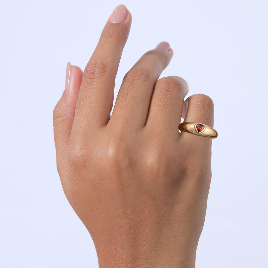 Red - Elli | Red Zirconia Heart Signet Ring 925 Silver Gold Plated