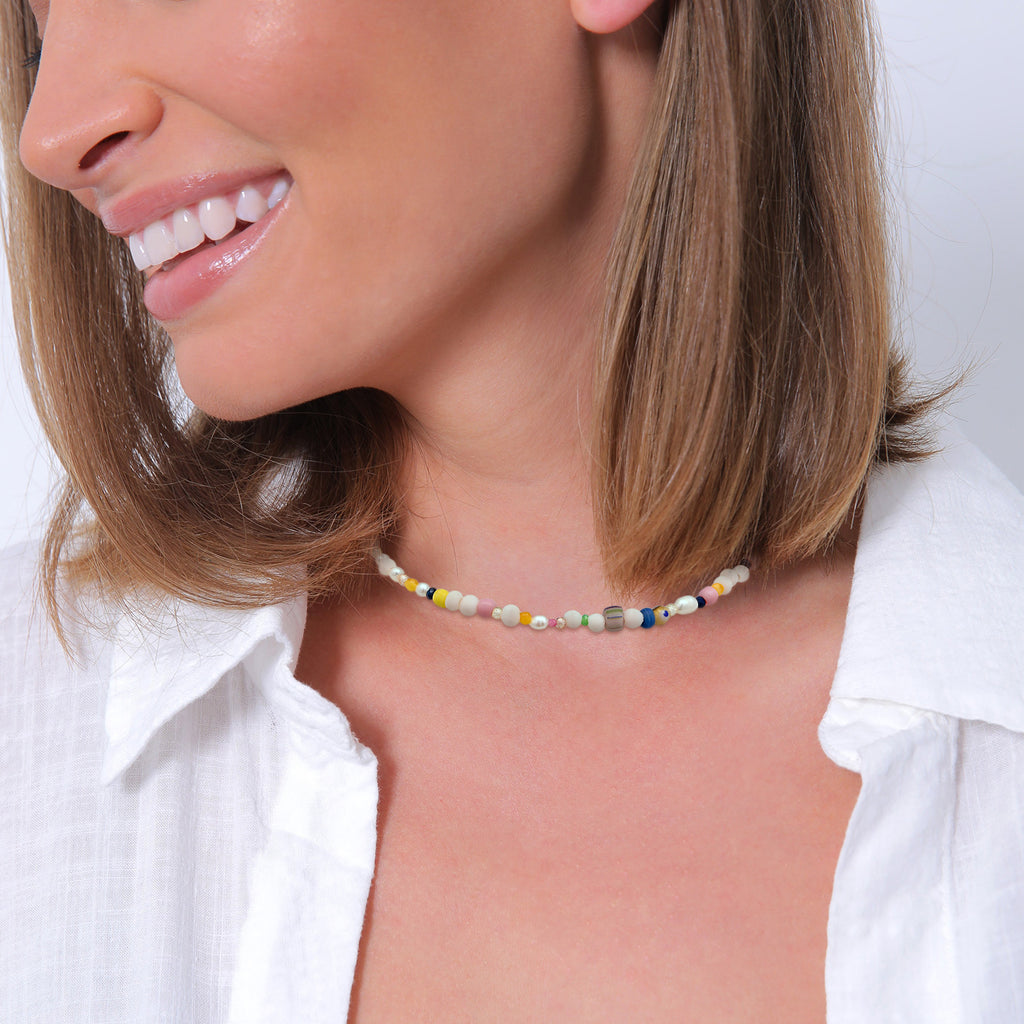 Colored Perhiasan Wanita Perak Asli - Silver Kalung Choker Symbol dengan Crystal Zircon dan Agate