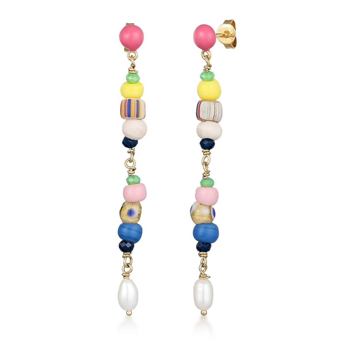 Mixed Bead Drop Earrings 925 Silver Gold Plated Multicolour Freshwater Pearl