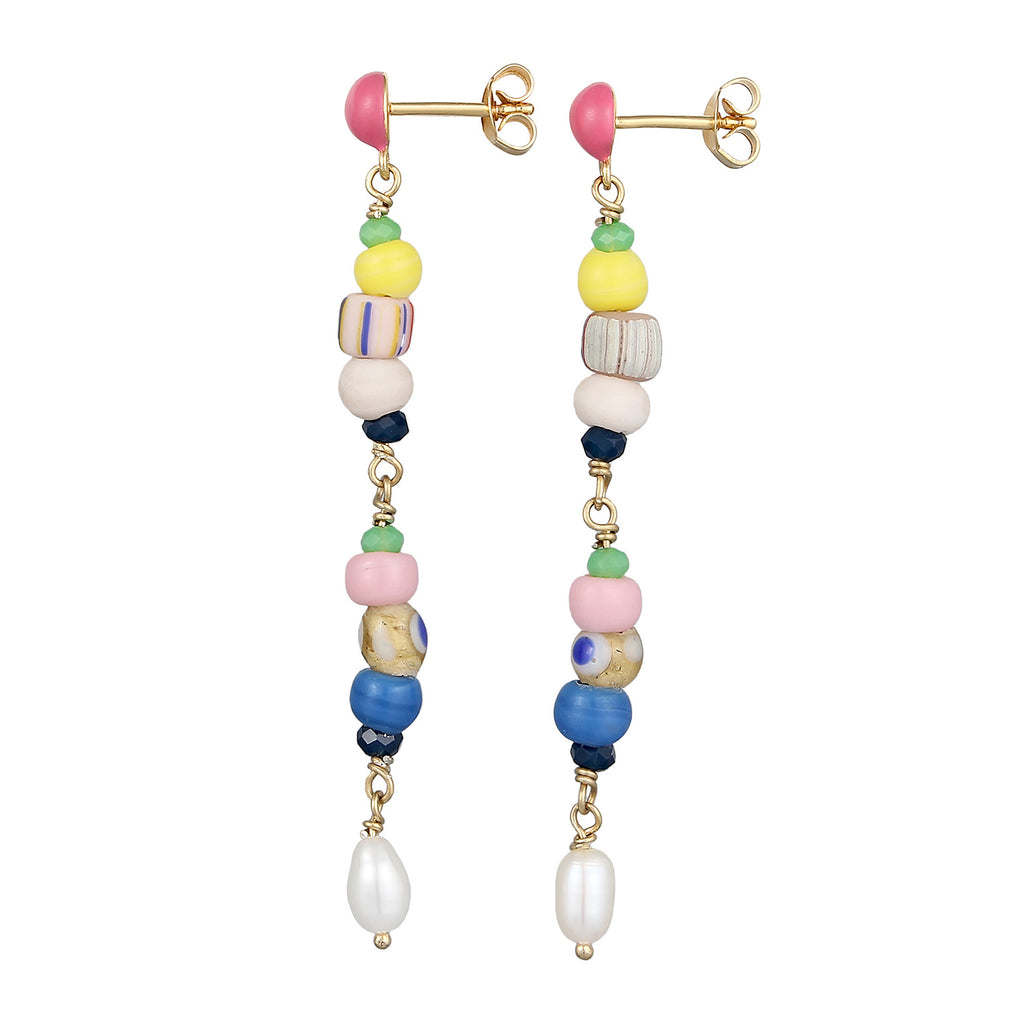 Colored - Elli PREMIUM | Mixed Bead Drop Earrings 925 Silver Gold Plated Multicolour Freshwater Pearl