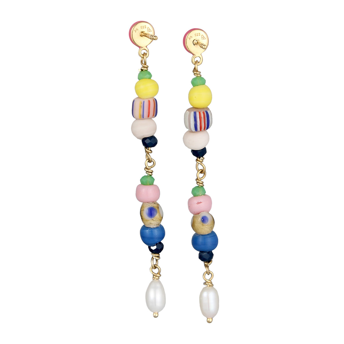Mixed Bead Drop Earrings 925 Silver Gold Plated Multicolour Freshwater Pearl