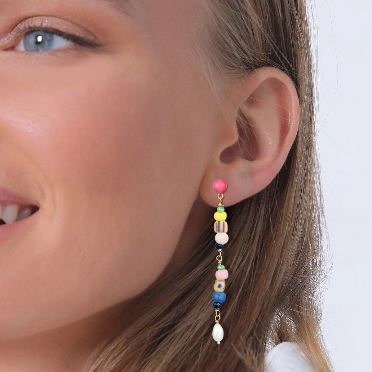 Mixed Bead Drop Earrings 925 Silver Gold Plated Multicolour Freshwater Pearl