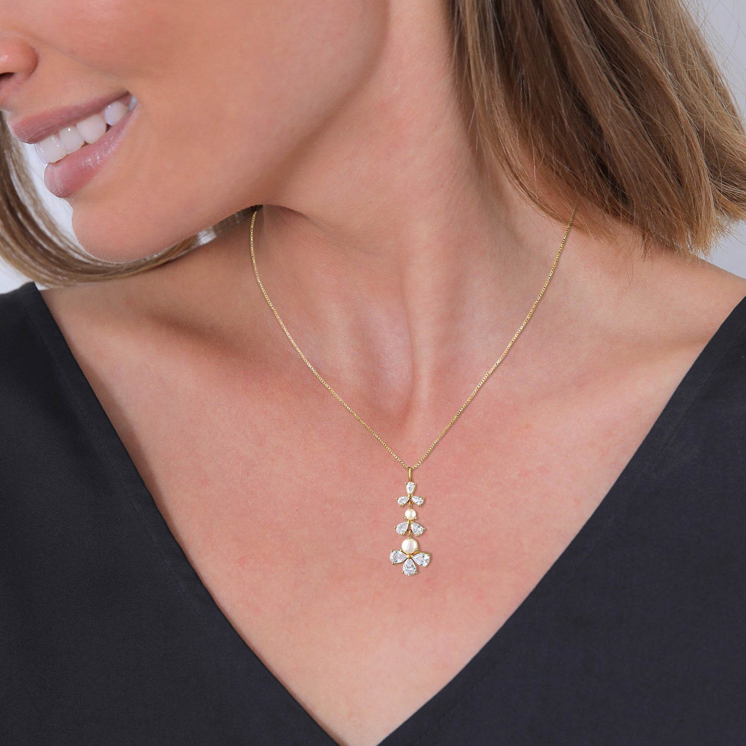 Gold Perhiasan Wanita Perak Asli - Silver Kalung Flower dengan Zirconia Gold Plated