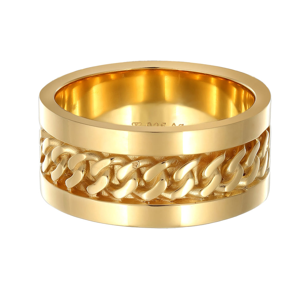 Gold Cincin Perhiasan Perak 925 Wanita Chain Design Wide Gold Plated