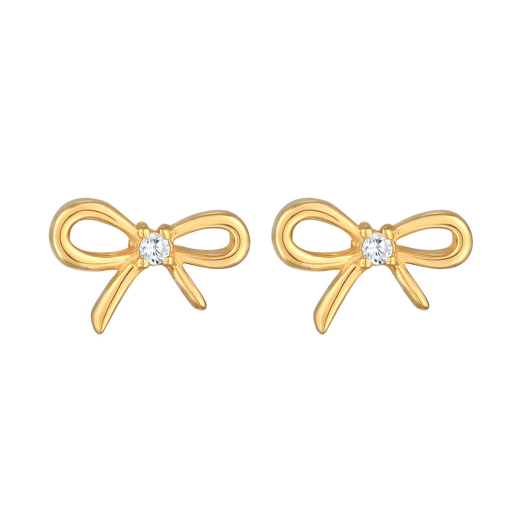 Gold Perhiasan Wanita Perak Asli - Silver Anting Bow Trend With Zirconia Crystal Gold Plated