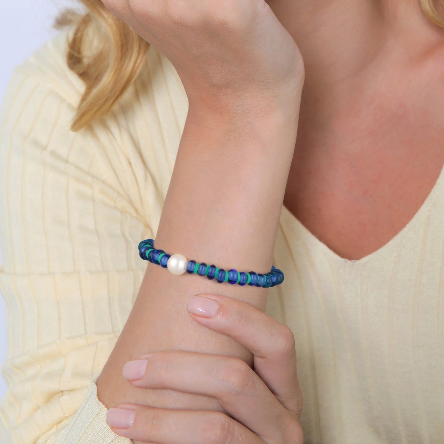 Blue Perhiasan Wanita Perak Asli Gelang Ball Boho Shell Pearl