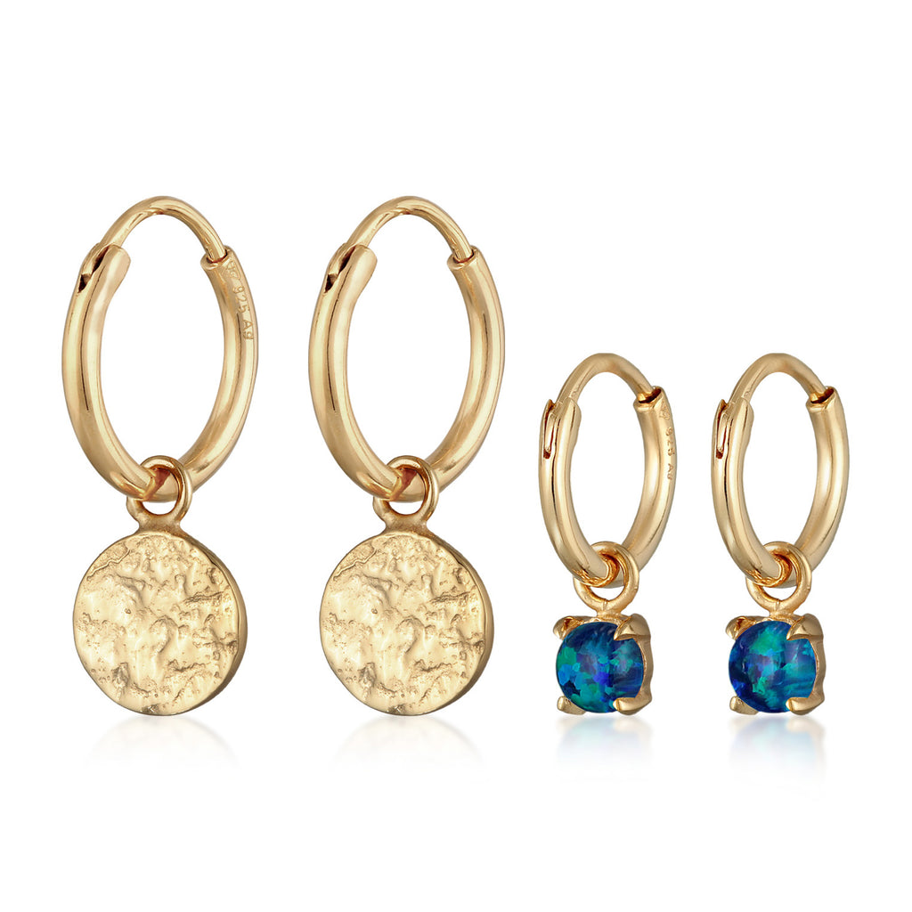 Gold - Elli | Disc Charm Hoop Earring Set of 2 925 Silver Gold Plated Blue Opal