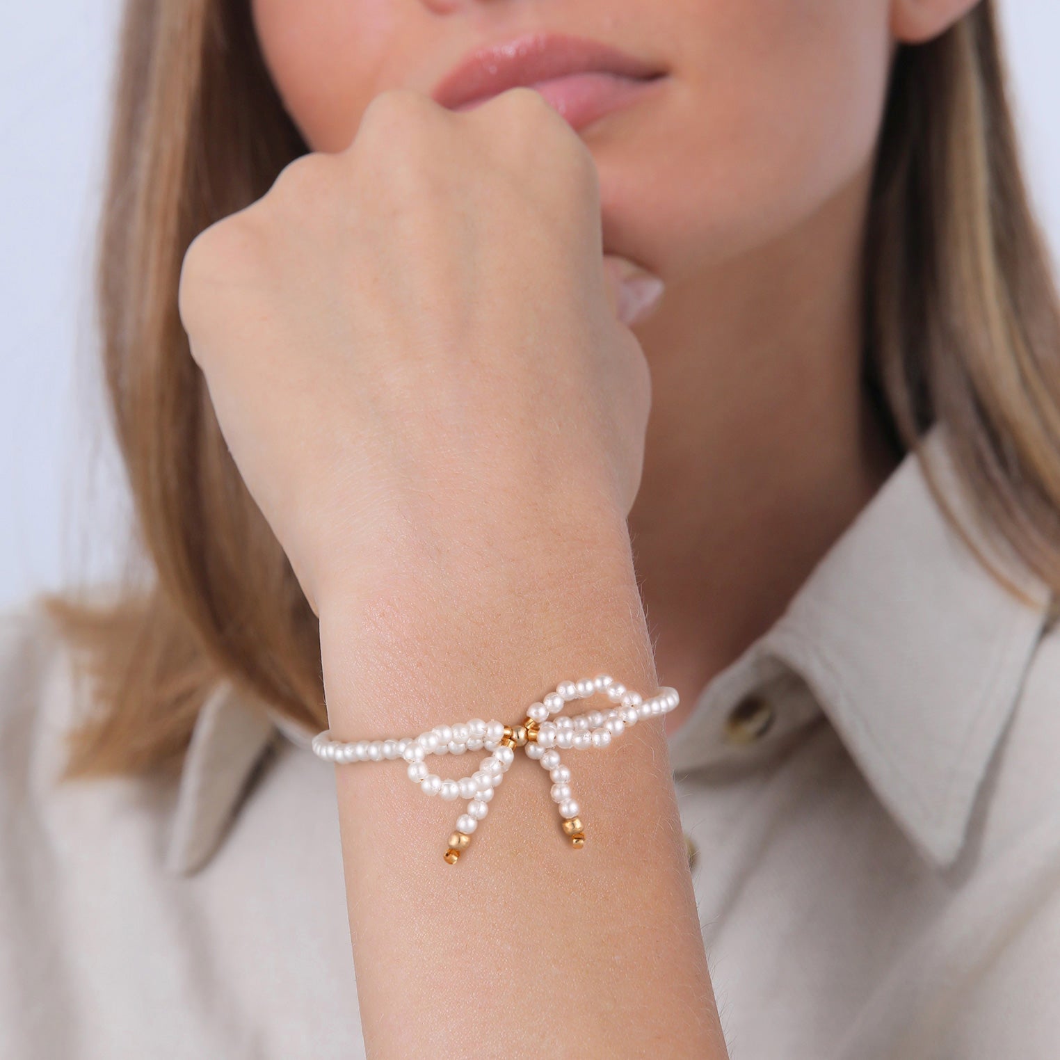 White Perhiasan Wanita Perak Asli - Silver Gelang Bow Beads Gold Plated