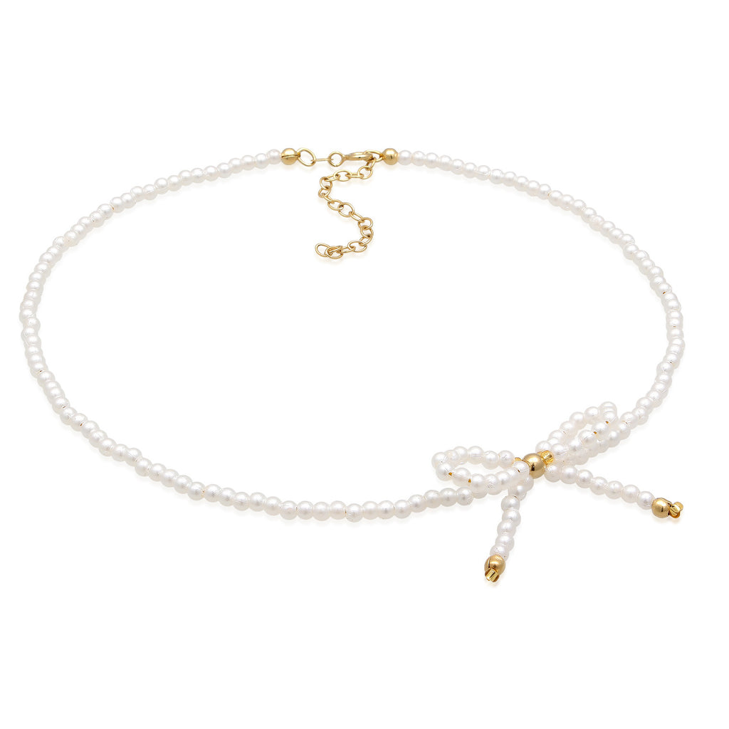 White Perhiasan Wanita Perak Asli - Silver Kalung Bow with Pearl Gold Plated