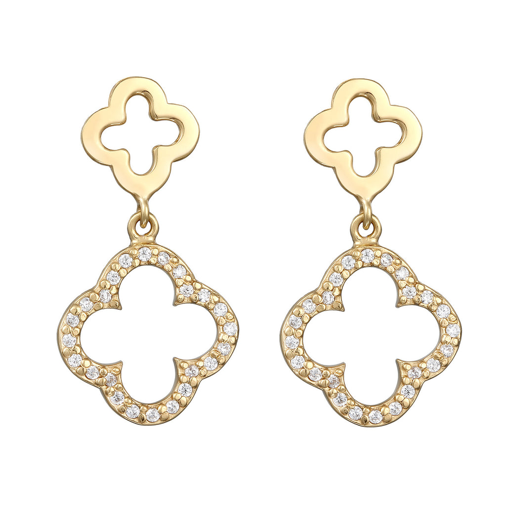 Gold Perhiasan Wanita Perak Asli Lapis Emas Anting Cloverleaf Zirconia