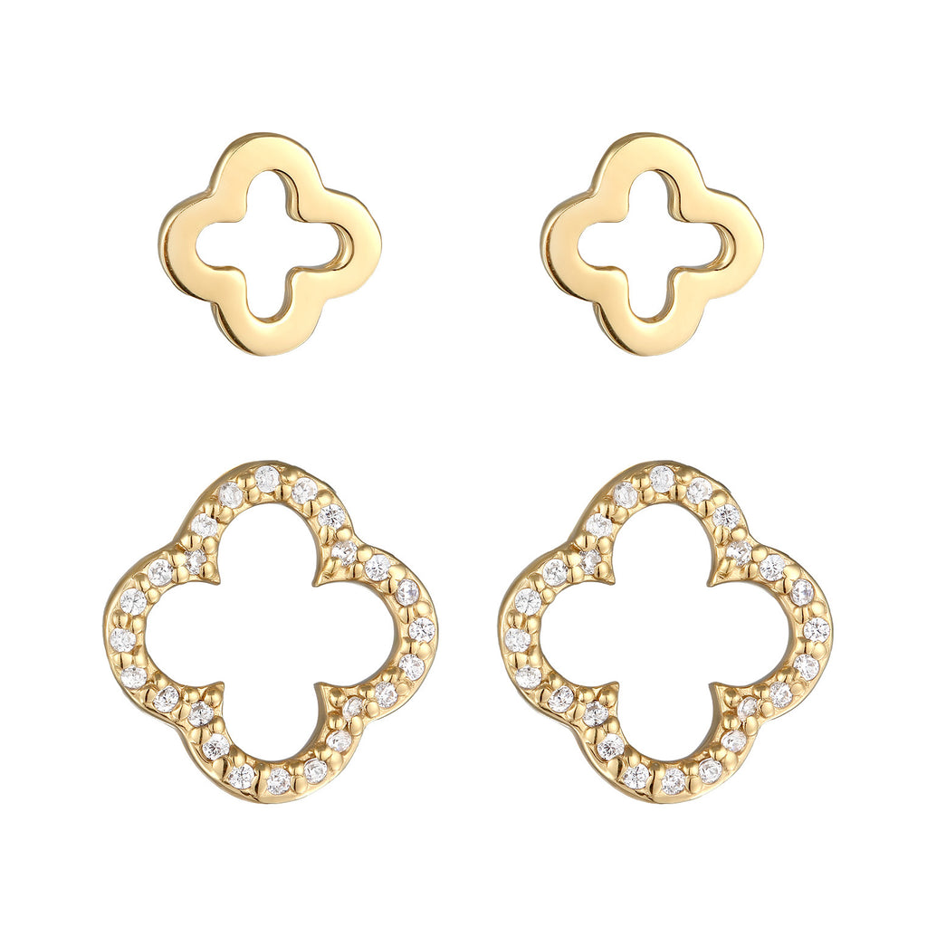 Gold Perhiasan Wanita Perak Asli Lapis Emas Anting Stud Set Cloverleaf Zirconia