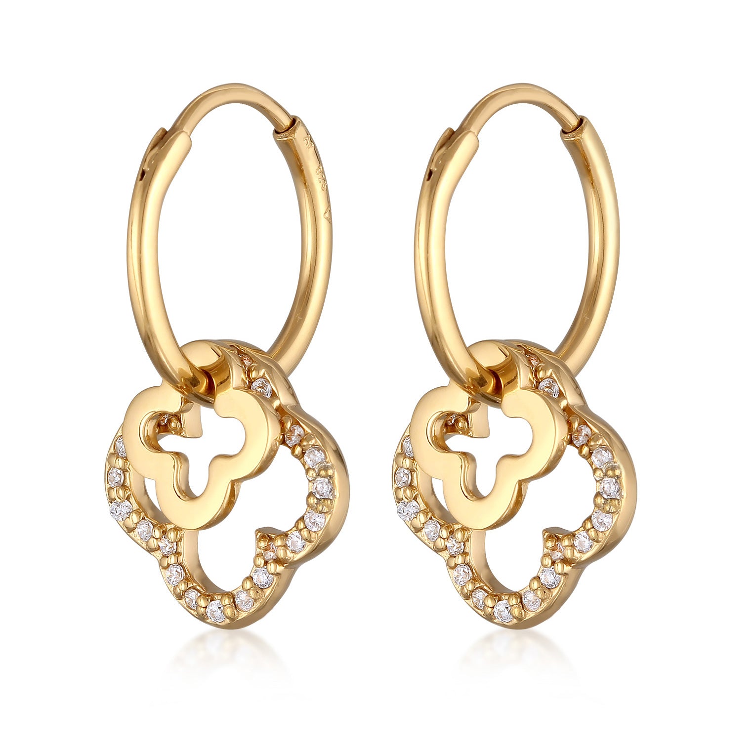 Gold Perhiasan Wanita Perak Asli - Silver Anting Creole Cloverleaf dengan Zirconia Gold Plated