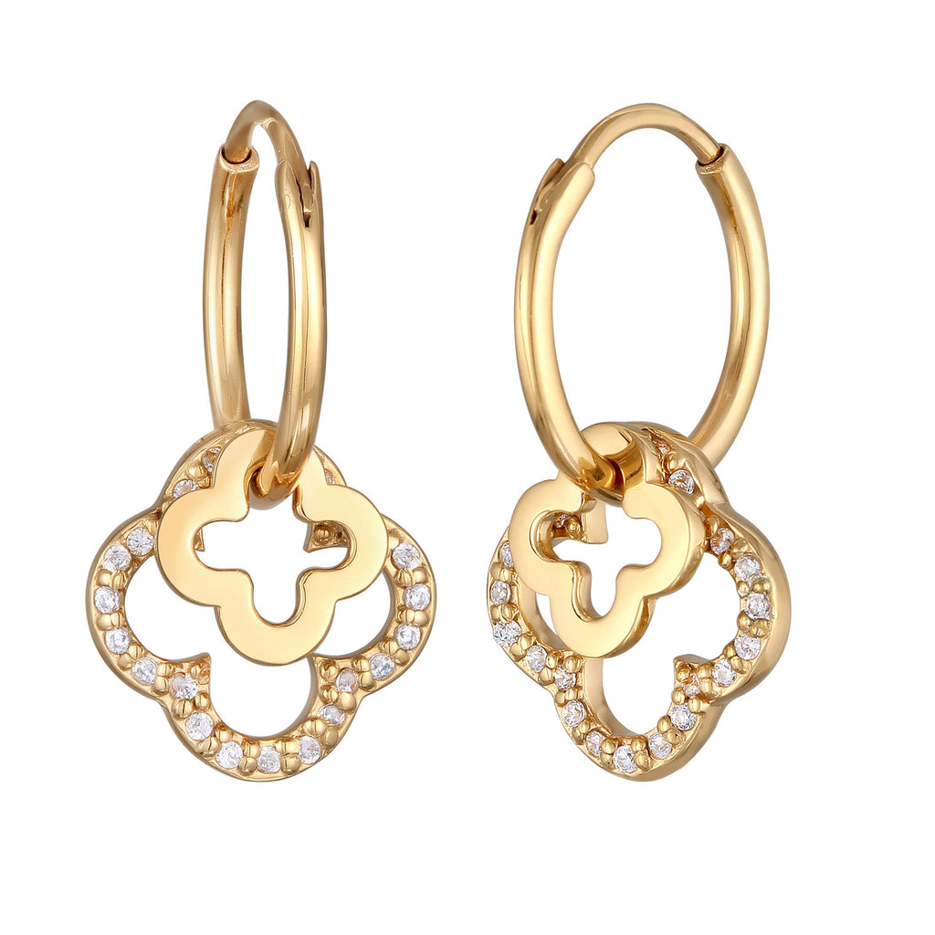 Gold Perhiasan Wanita Perak Asli - Silver Anting Creole Cloverleaf dengan Zirconia Gold Plated