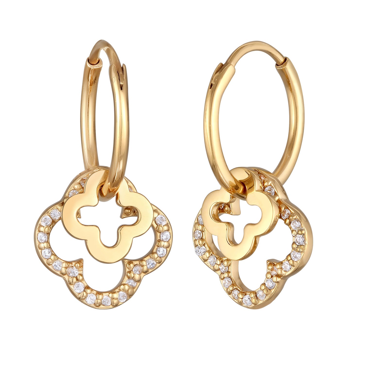 Gold Perhiasan Wanita Perak Asli - Silver Anting Creole Cloverleaf dengan Zirconia Gold Plated
