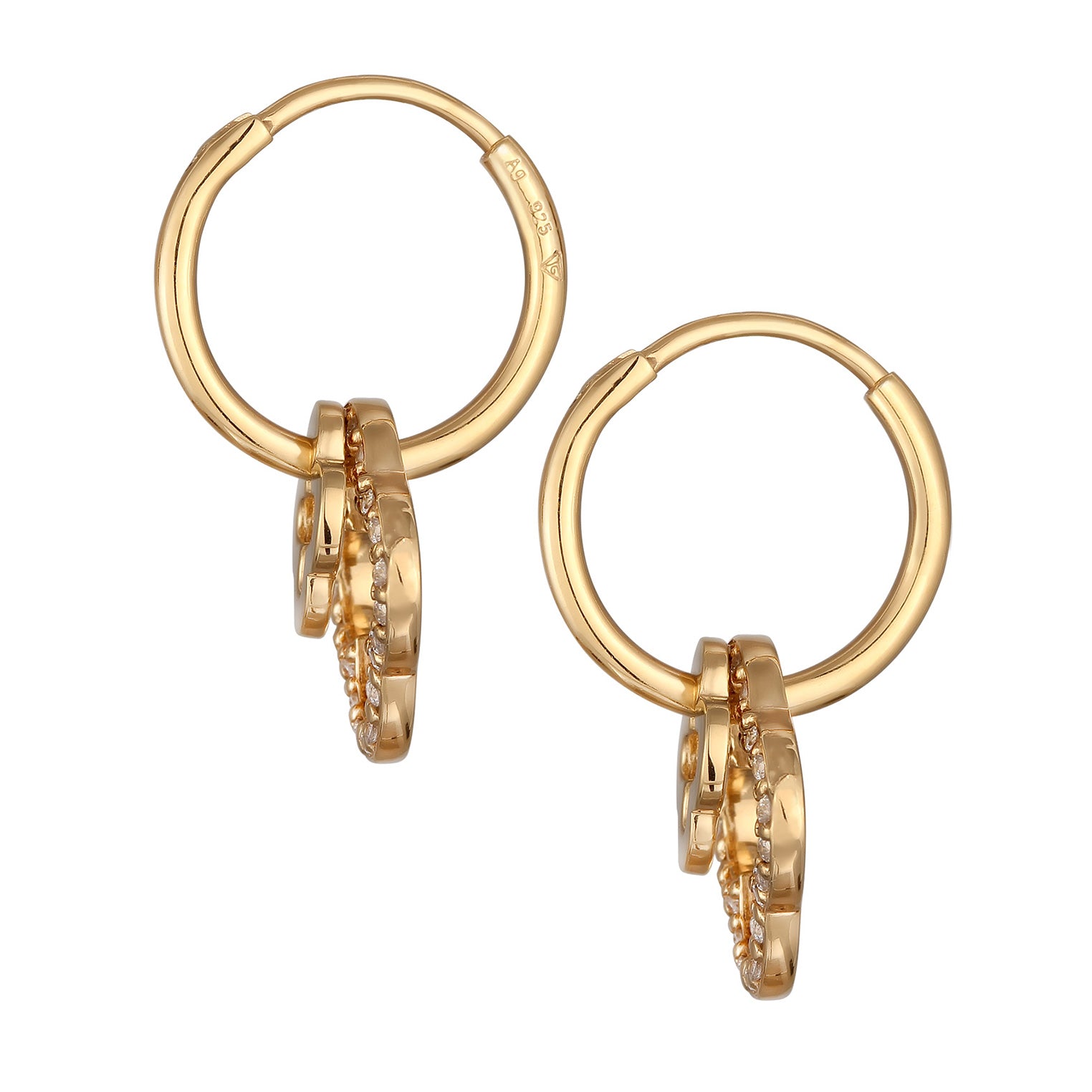 Gold Perhiasan Wanita Perak Asli - Silver Anting Creole Cloverleaf dengan Zirconia Gold Plated