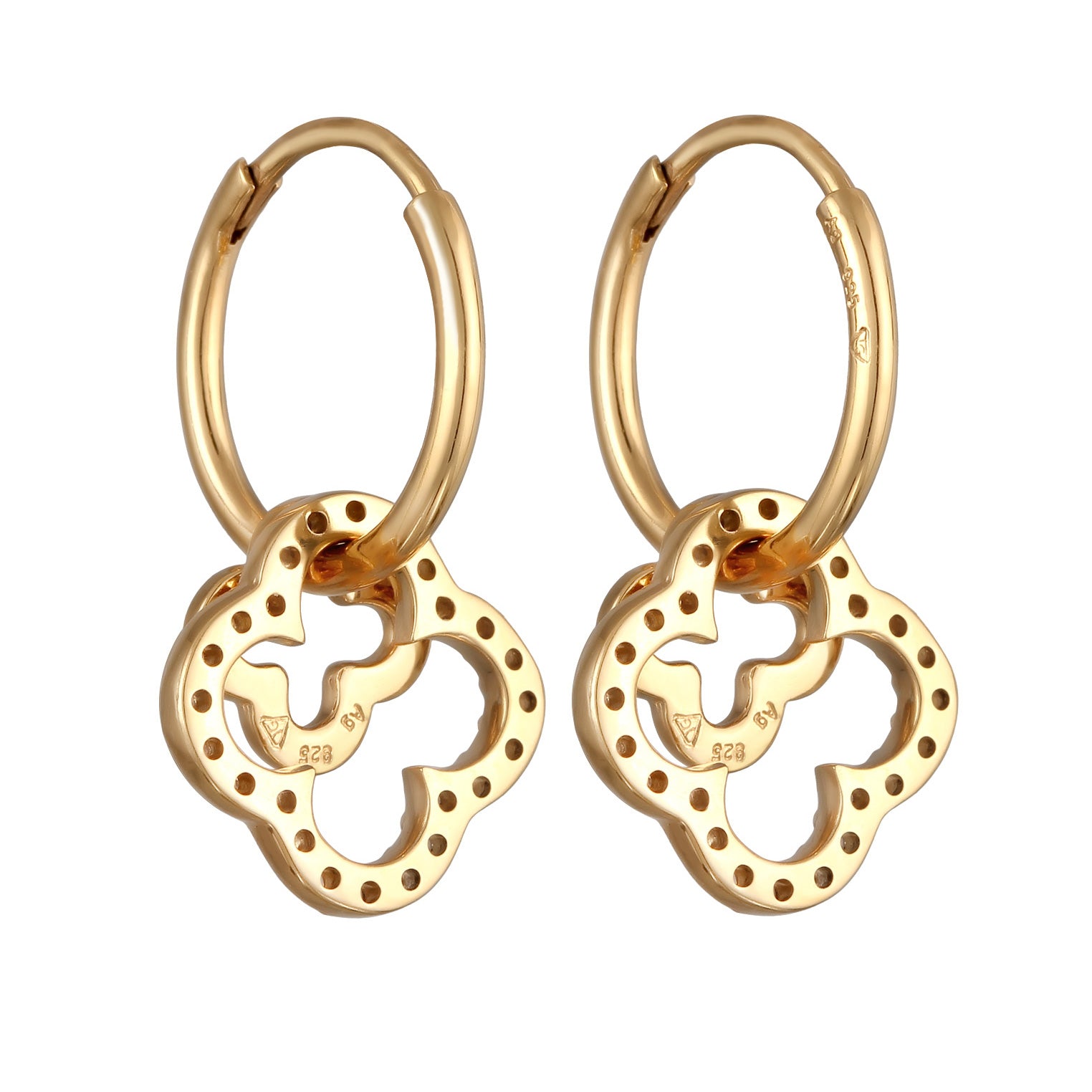 Gold Perhiasan Wanita Perak Asli - Silver Anting Creole Cloverleaf dengan Zirconia Gold Plated
