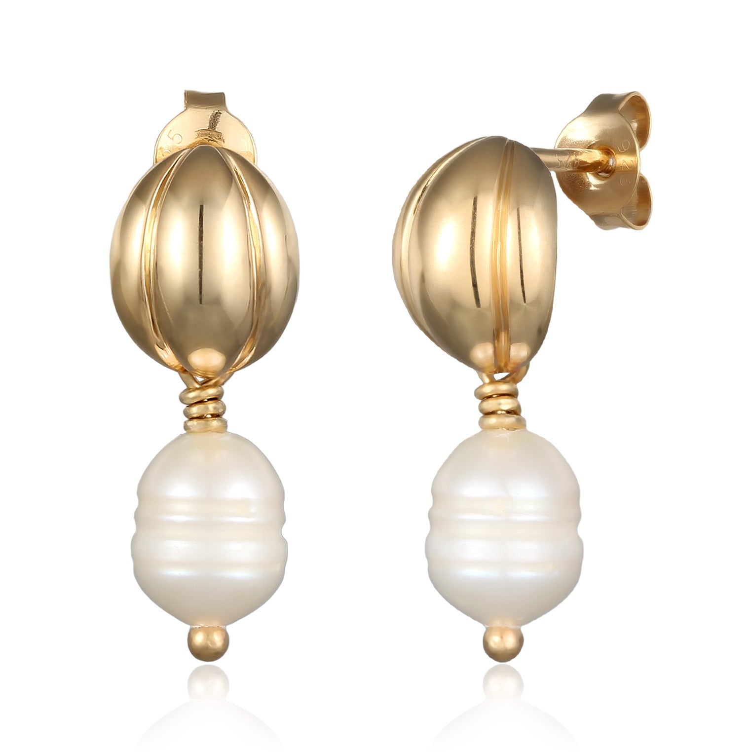 Gold Perhiasan Wanita Perak Asli - Silver Anting Spiral Freshwater Pearl Gold Plated