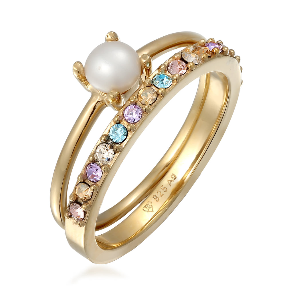 Crystal Pearl Ring Set 925 Silver Gold Plated – Embellished with Crystals by Swarovski®