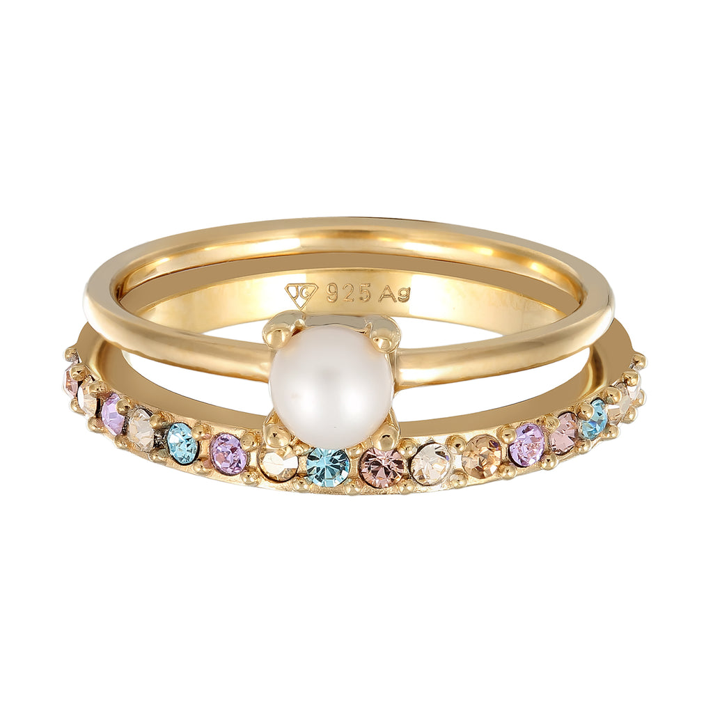 Gold - Elli | Crystal Pearl Ring Set 925 Silver Gold Plated – Embellished with Crystals by Swarovski®