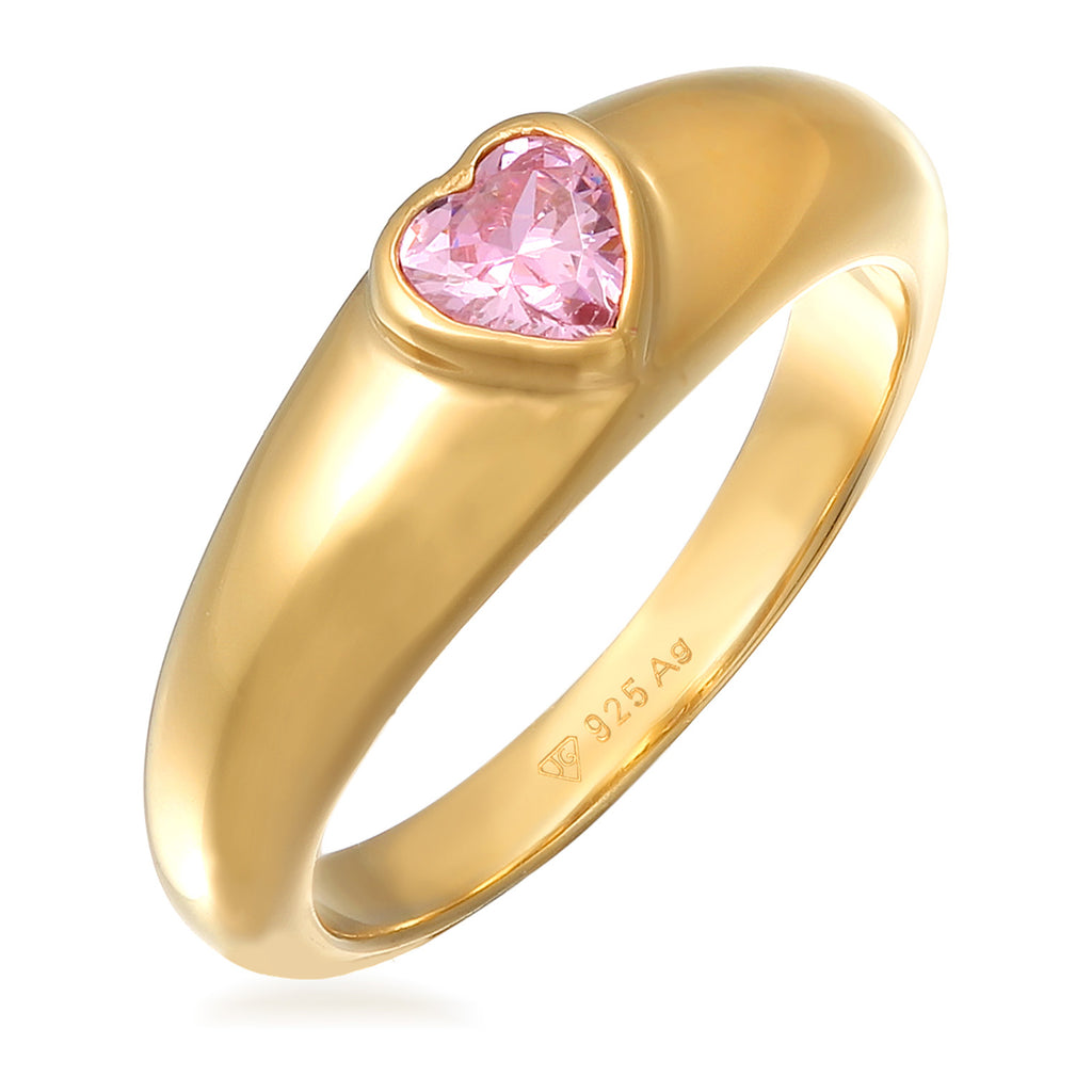 Pink Zirconia Heart Signet Ring 925 Silver Gold Plated