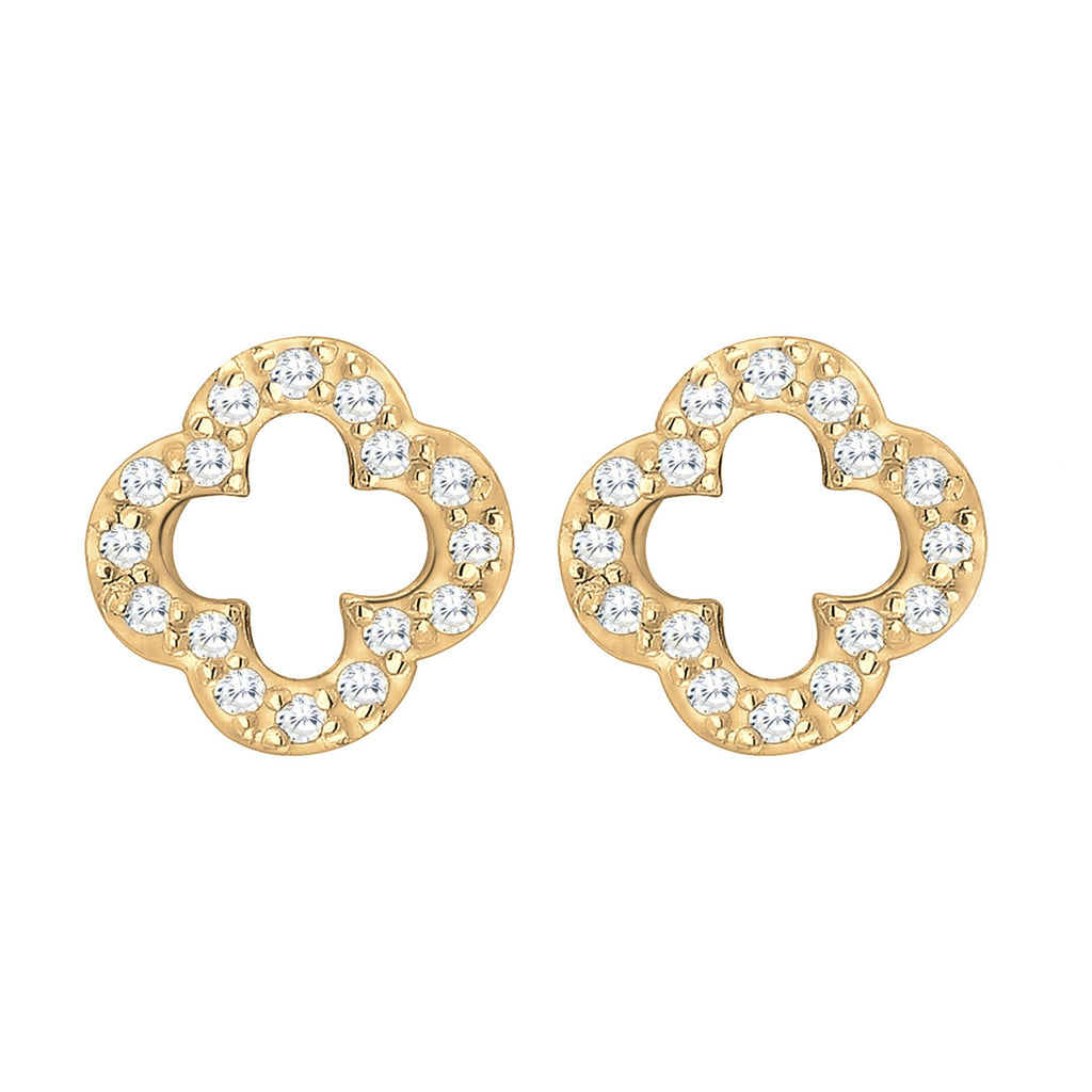 Gold Perhiasan Wanita Perak Asli Lapis Emas Anting Cloverleaf Zirconia