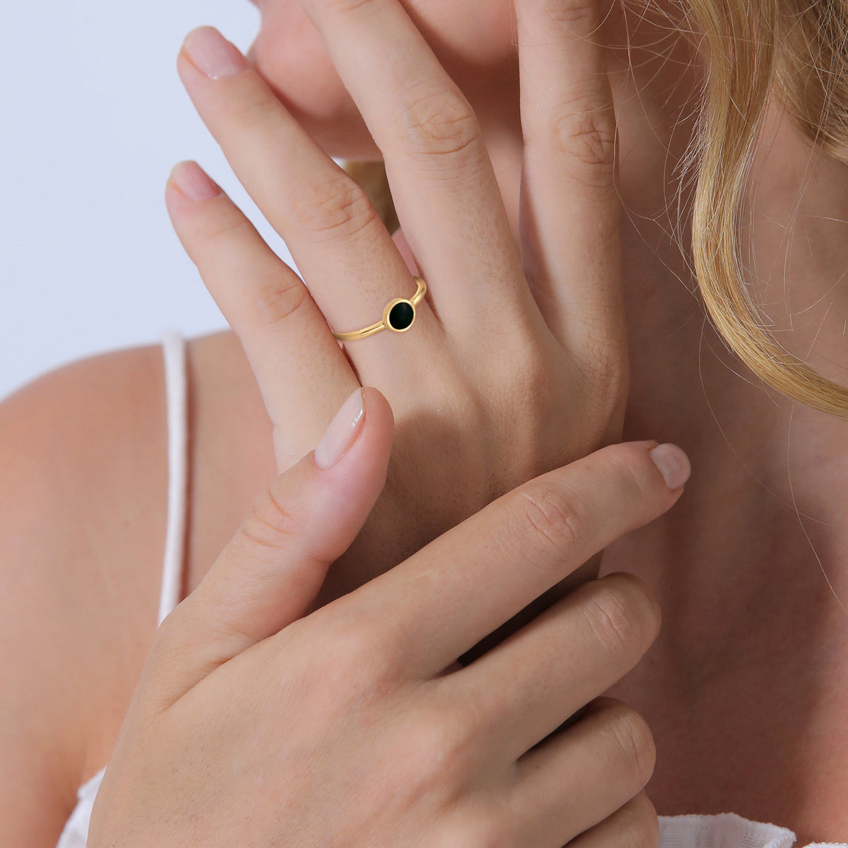 Ring Solitaire Stack Basic Enamel Black 925 Sterling Silver Gold Plated