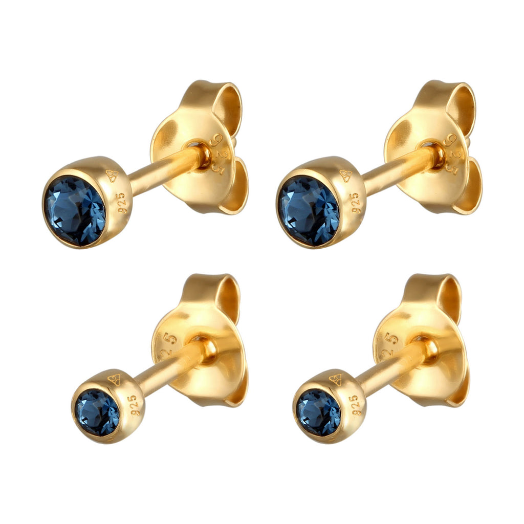 Circle Stud Earring Set 925 Silver Gold Plated Blue Crystal