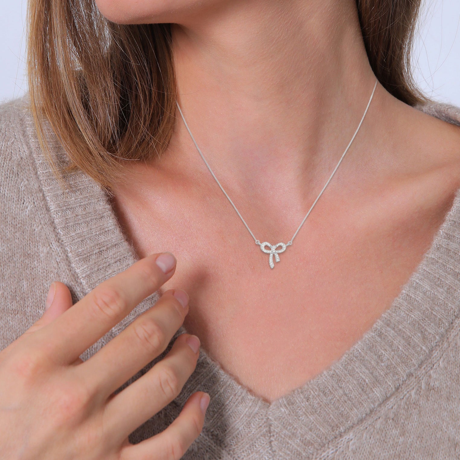 Silver Perhiasan Wanita Perak Asli Kalung Ribbon Zirconia