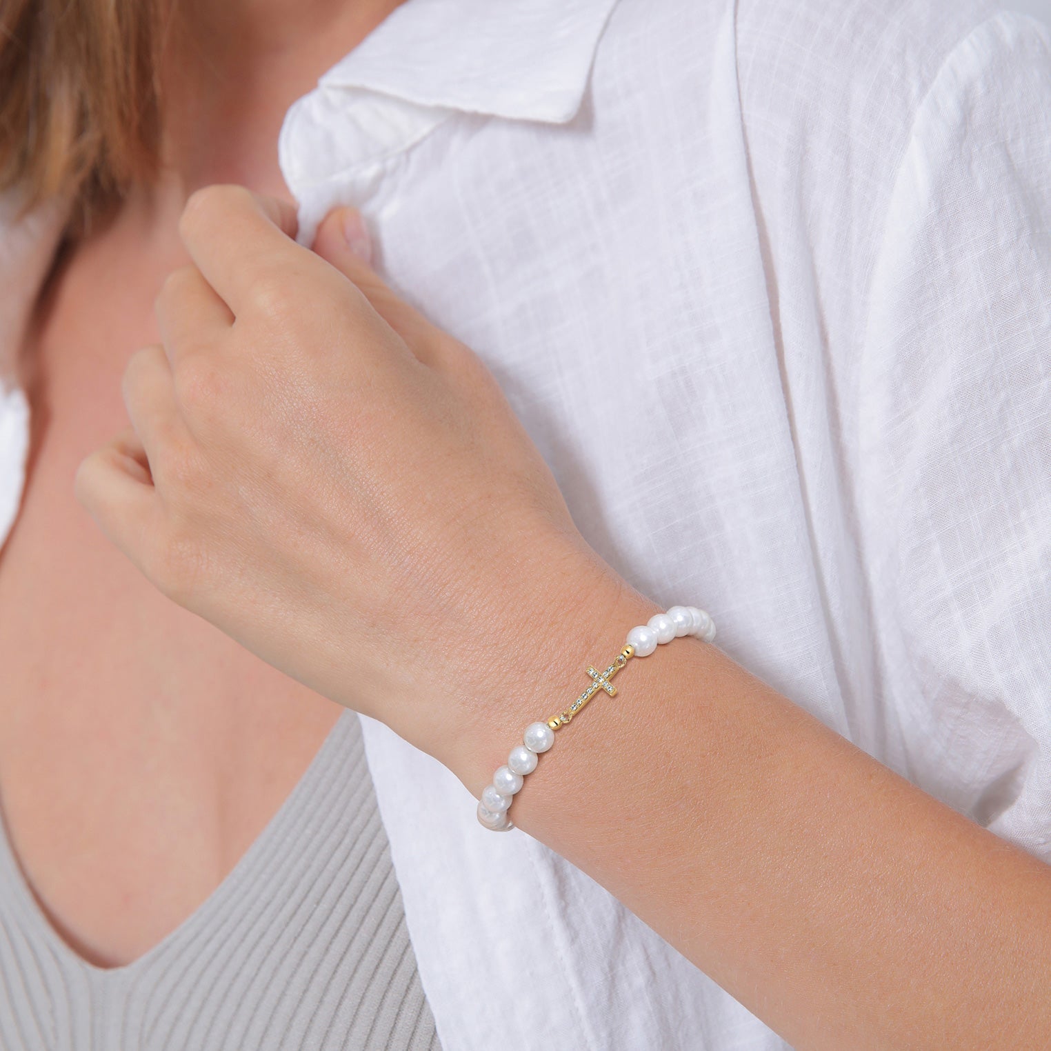 Gold Perhiasan Wanita Perak Asli Lapis Emas Gelang Cross Shell Pearl