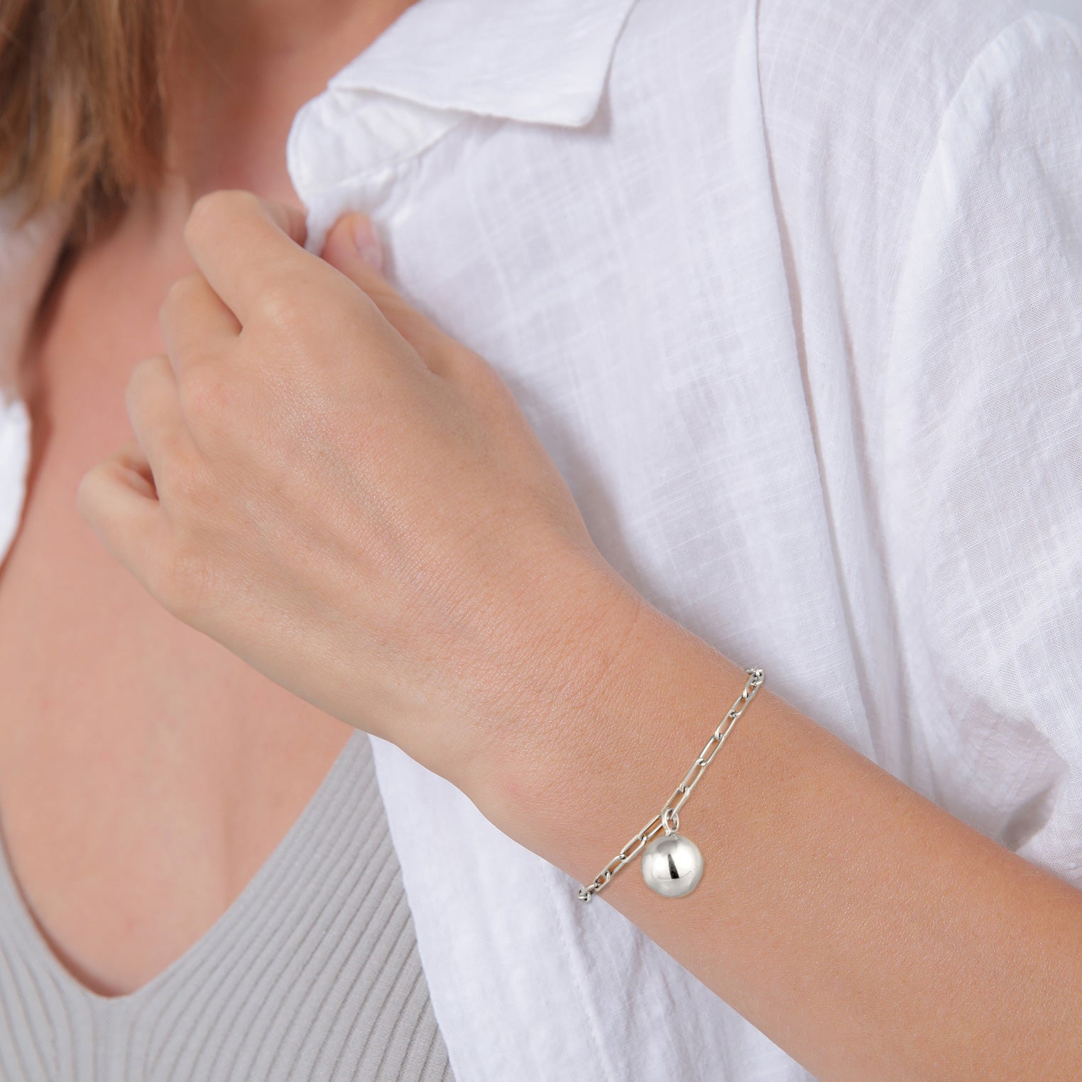 Silver Perhiasan Wanita Perak Asli 925 Sterling Silver Gelang tanpa batu Ball dengan Long Link Chain