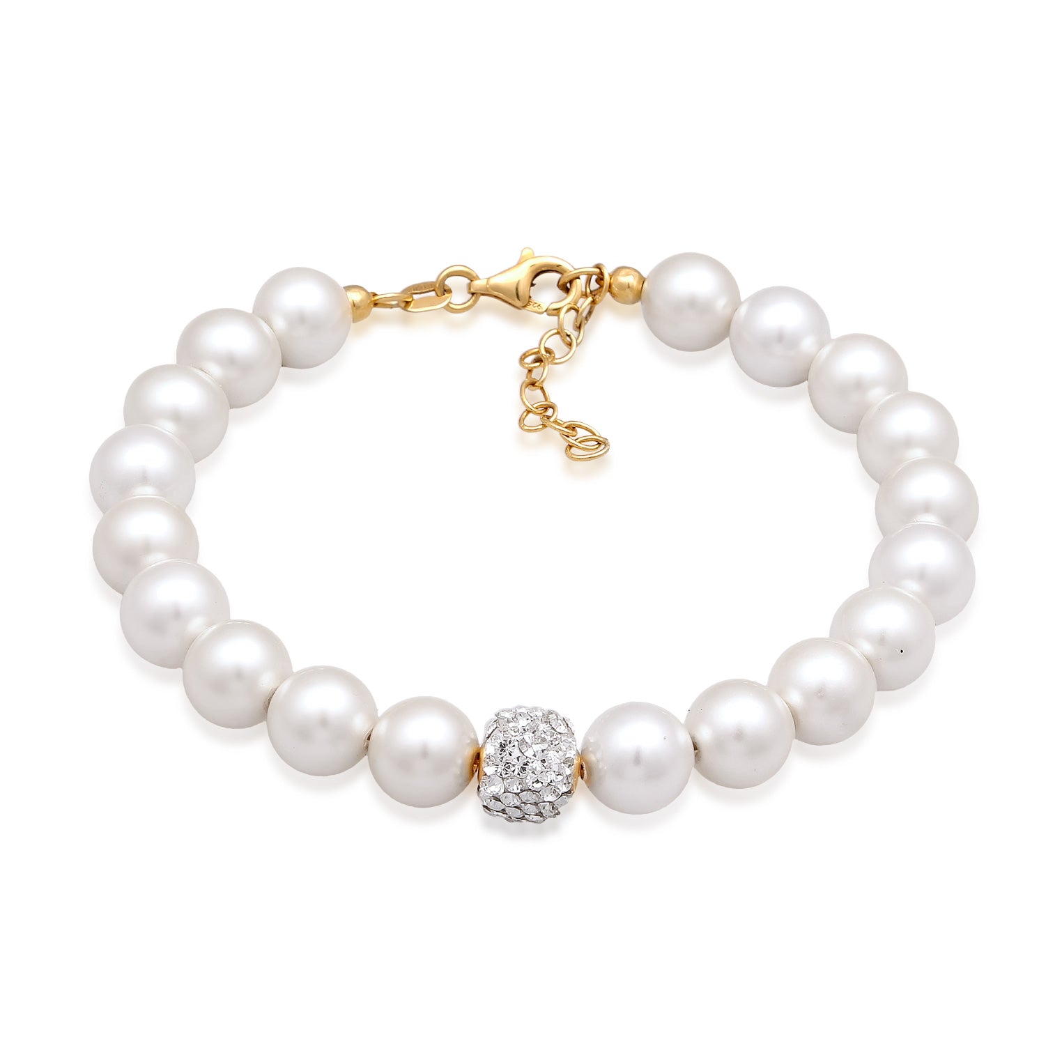 Gold Perhiasan Wanita Perak Asli Lapis Emas Gelang Ball dengan Synthetic Pearl dan Crystals