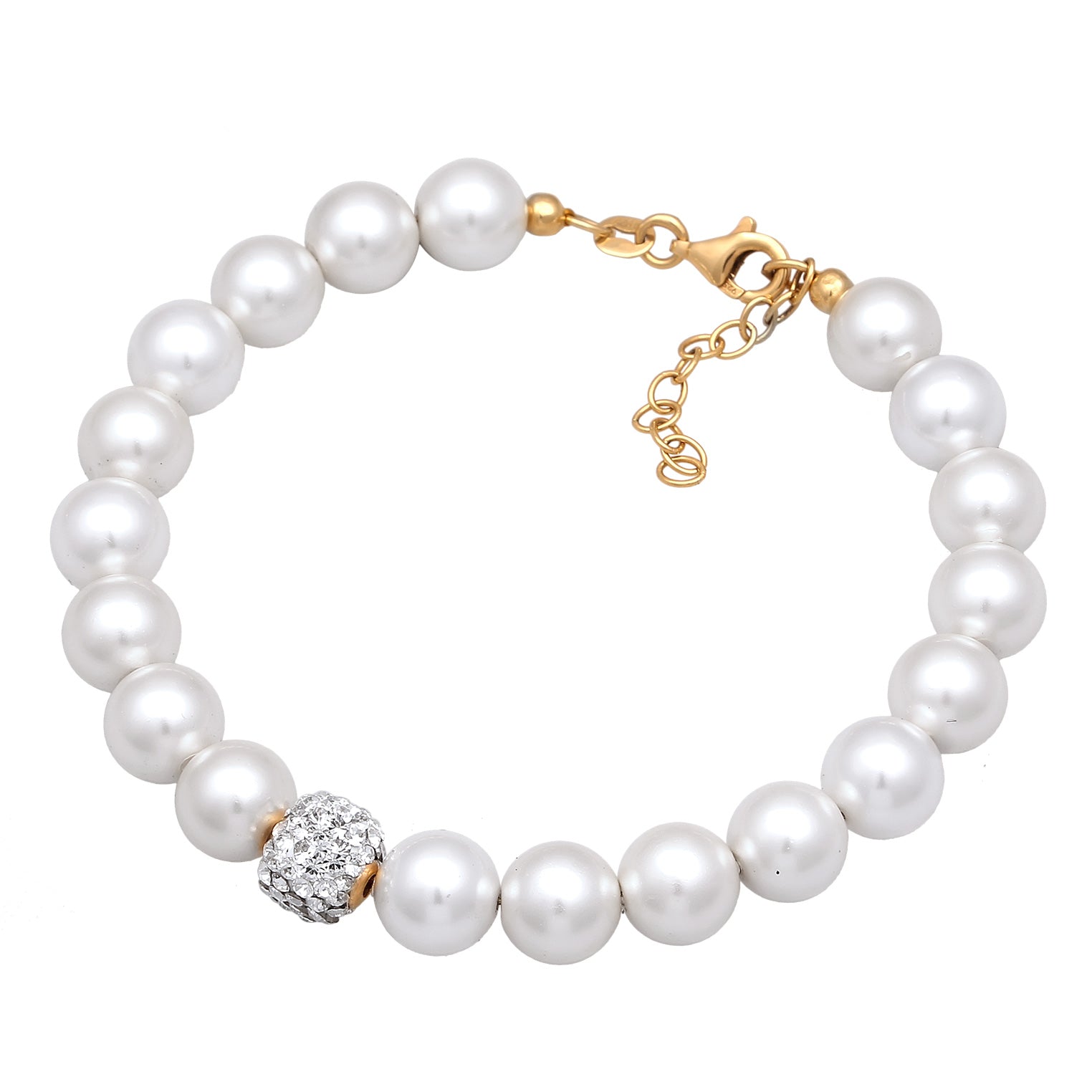 Gold Perhiasan Wanita Perak Asli Lapis Emas Gelang Ball dengan Synthetic Pearl dan Crystals
