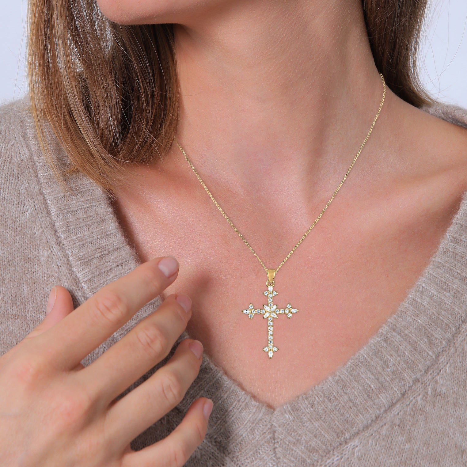 Gold Perhiasan Wanita Perak Asli Lapis Emas Kalung Cross Zirconia