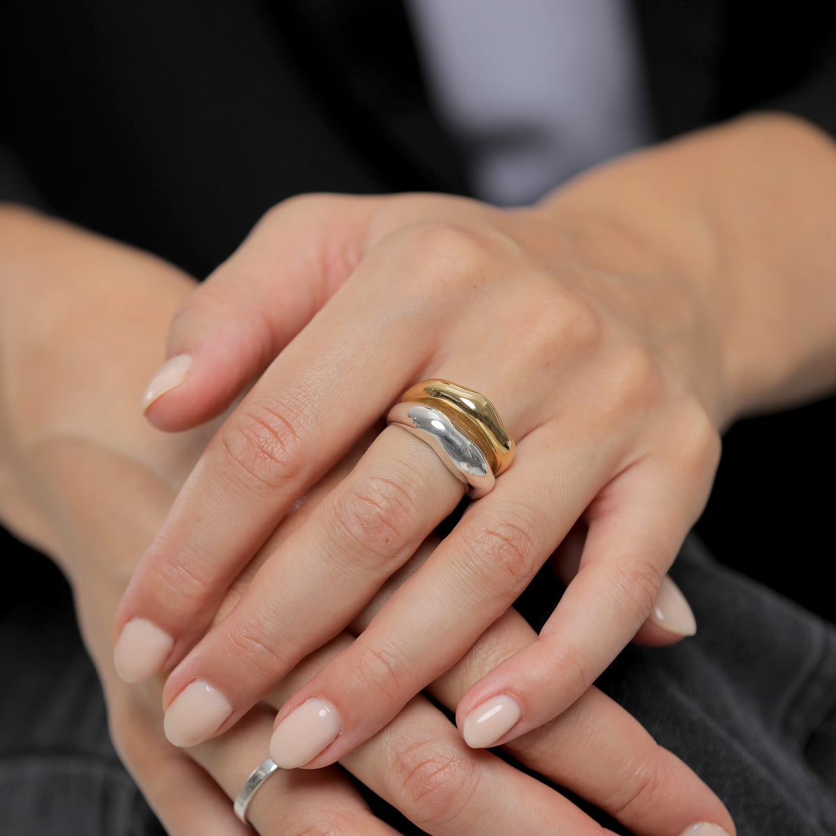 Chunky Organic Band Ring 925 Silver Bicolor
