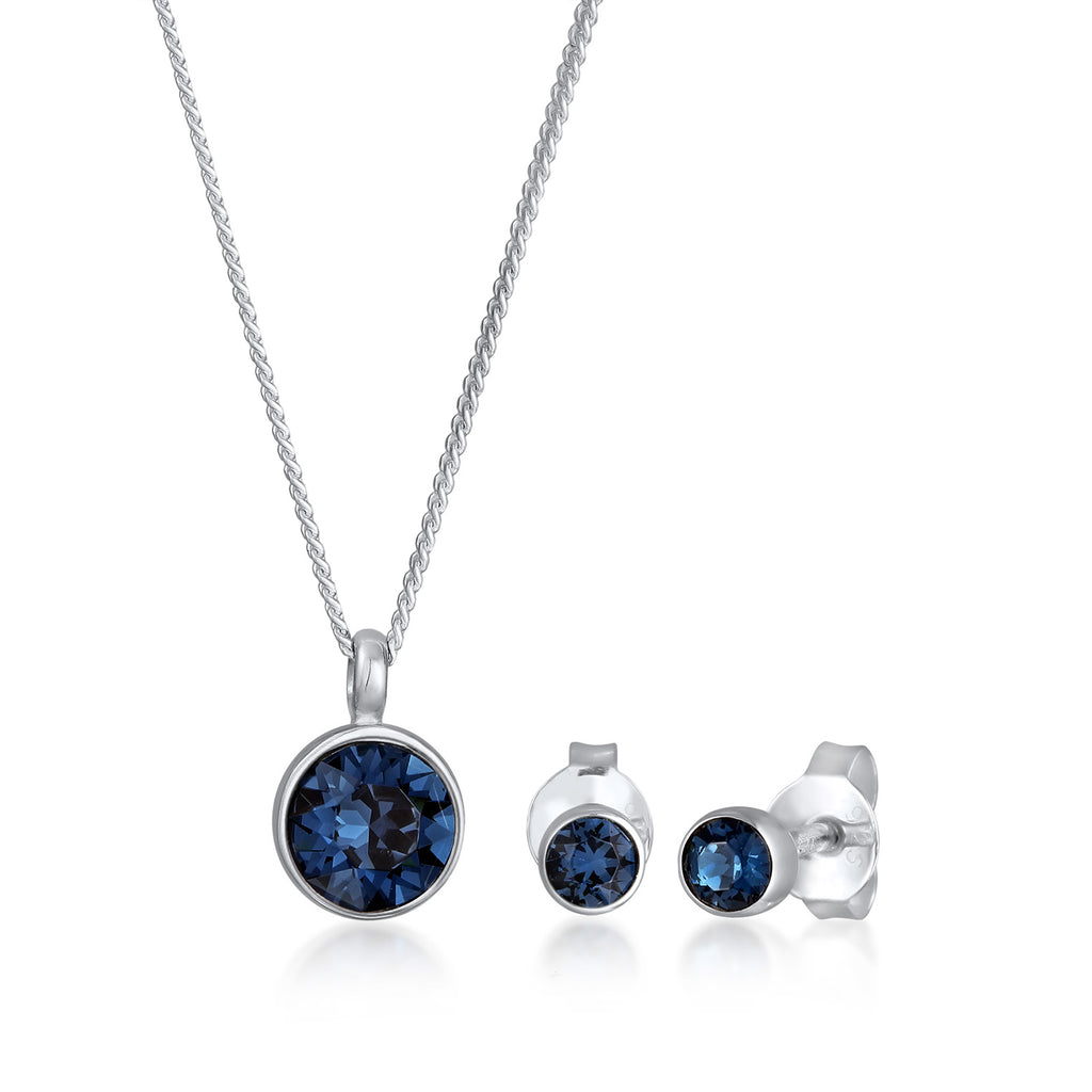 Jewelry Set Circle Curb Fine Chain Crystals Blue 925 Sterling SilverDark Blue