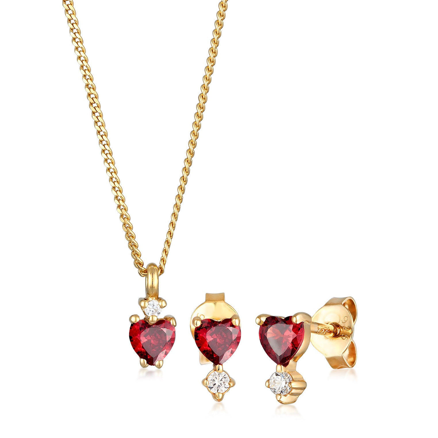 Red Set Perhiasan Perak 925 Wanita Link Chain Heart Red Zirconia Gold Plated