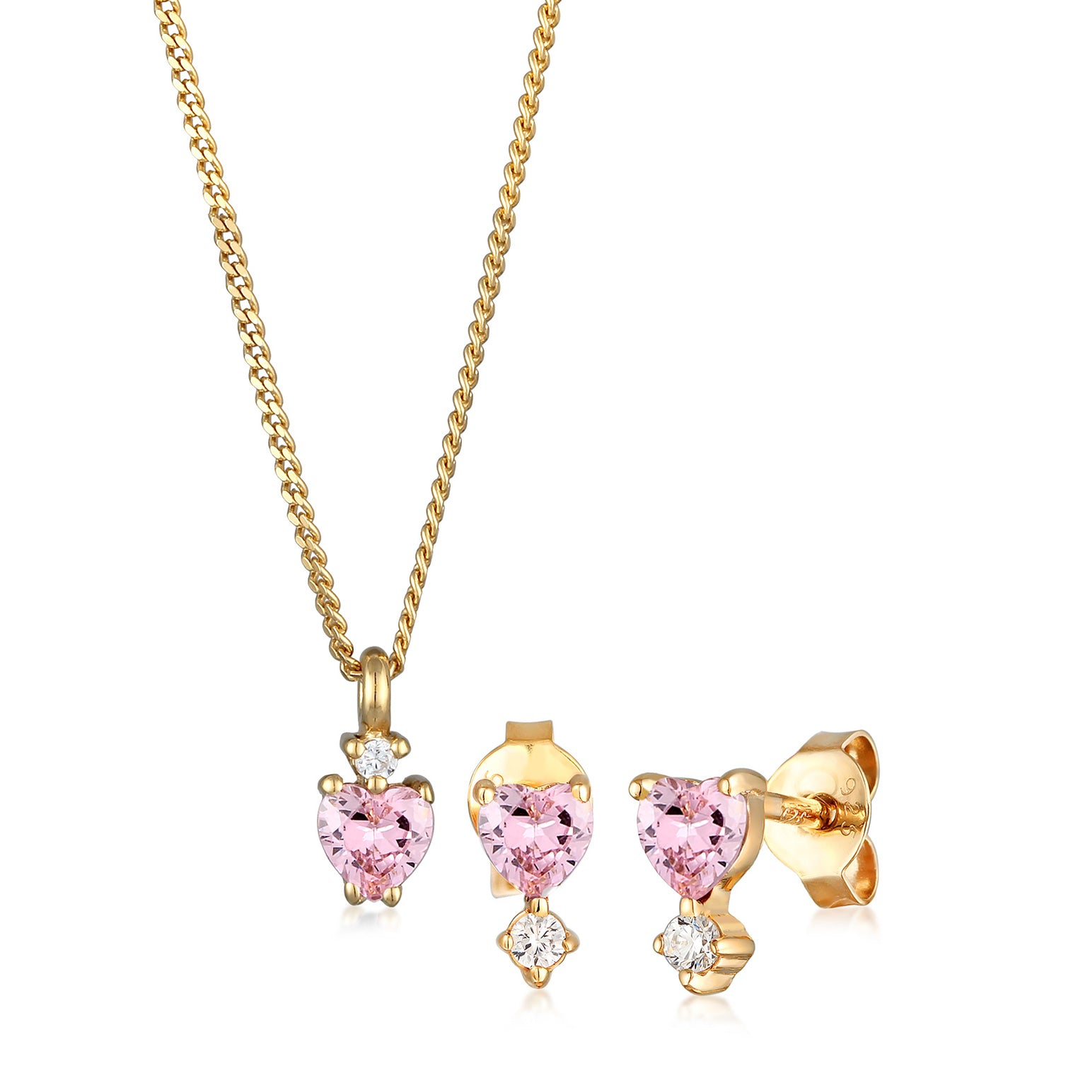Pink Perhiasan Wanita Perak Asli Lapis Emas Set Perhiasan Link Chain Heart Pink Zirconia