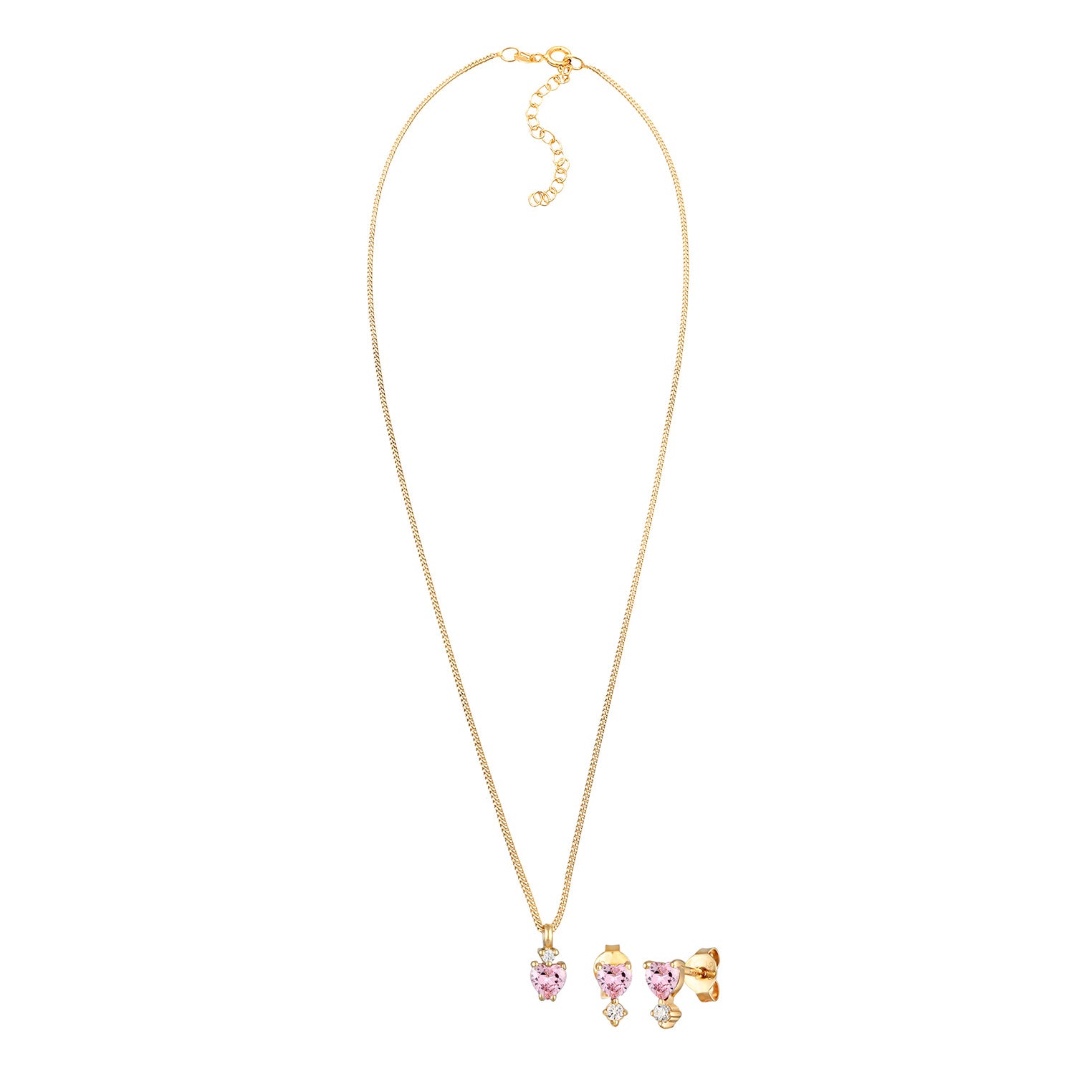 Pink Perhiasan Wanita Perak Asli Lapis Emas Set Perhiasan Link Chain Heart Pink Zirconia
