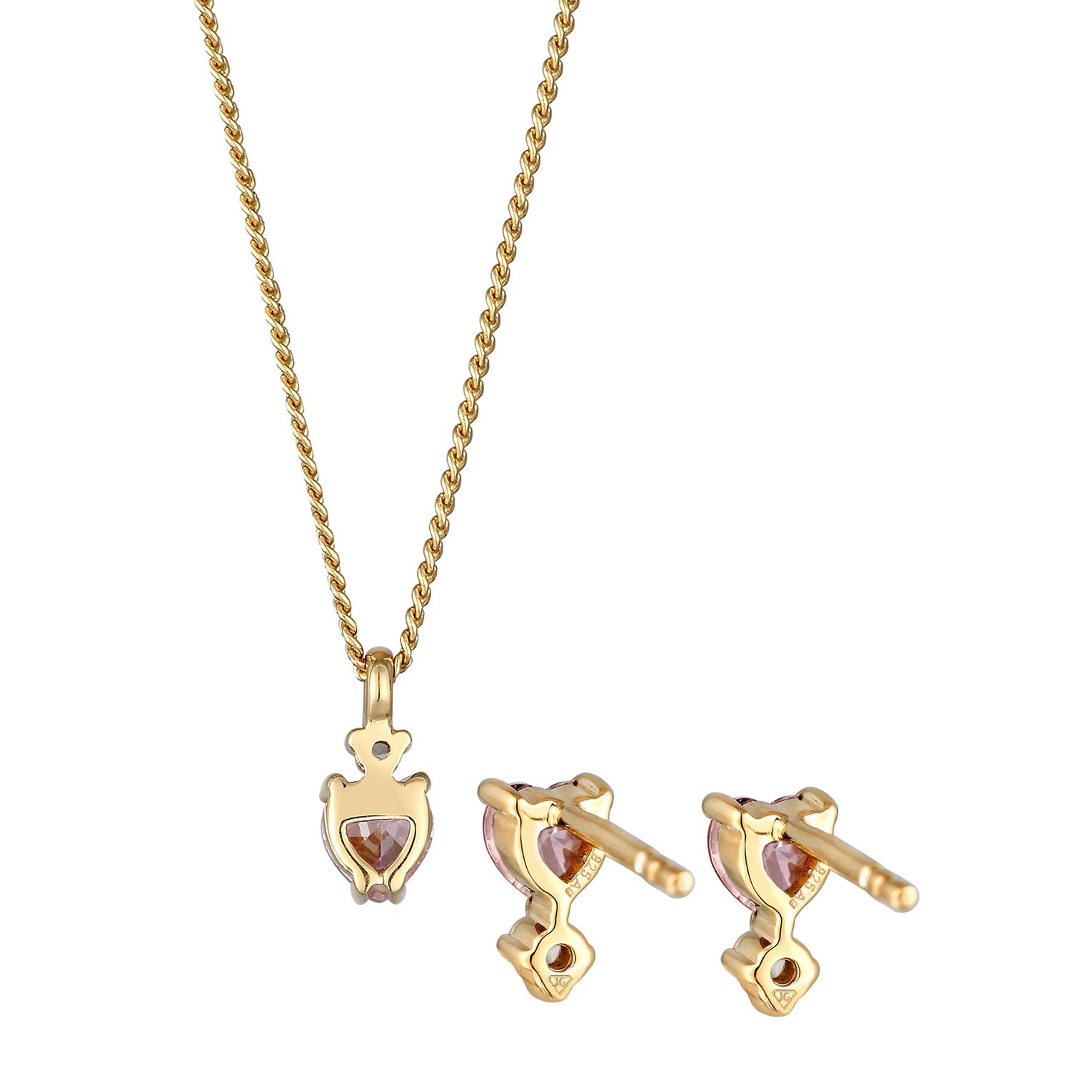 Pink Perhiasan Wanita Perak Asli Lapis Emas Set Perhiasan Link Chain Heart Pink Zirconia