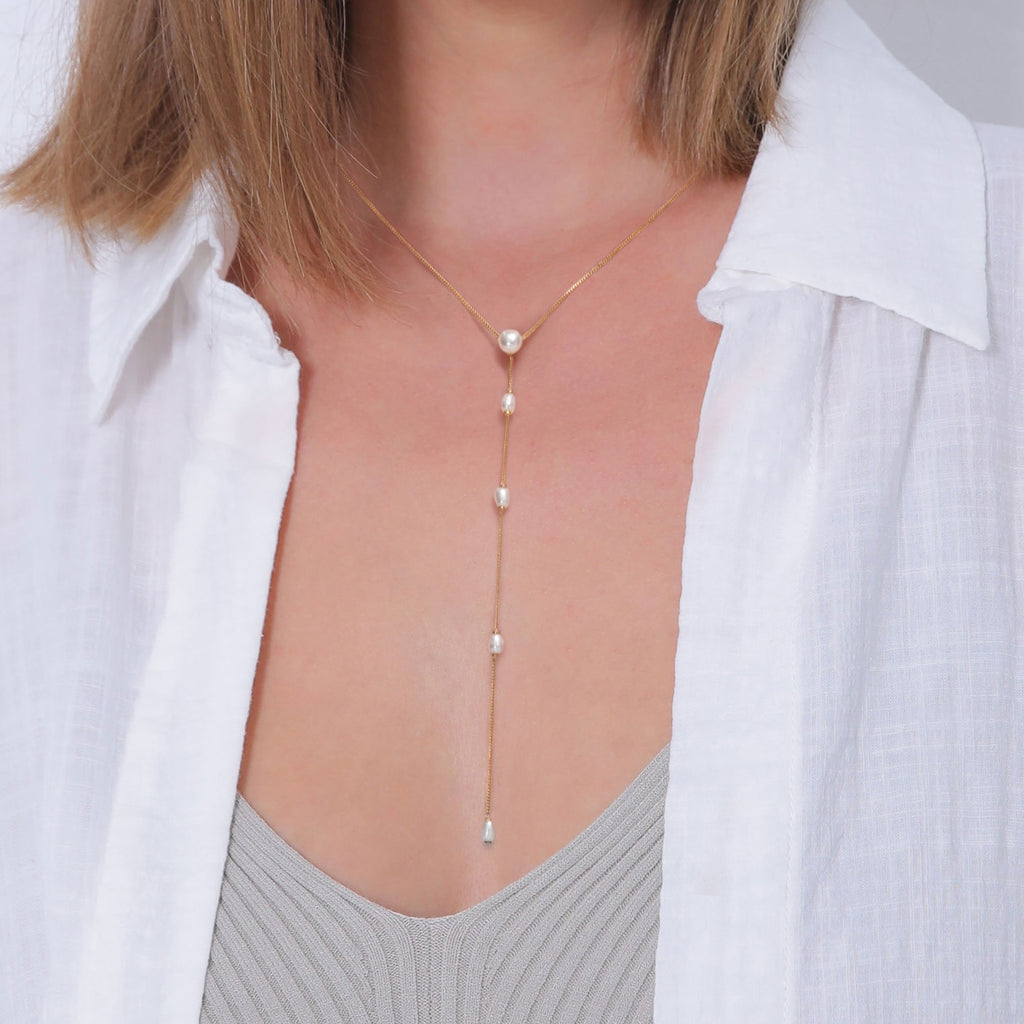 Gold Perhiasan Wanita Perak Asli Lapis Emas Kalung Y Mutiara Cultured Freshwater Pearls