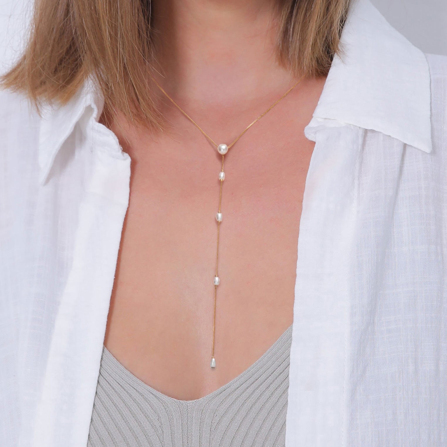 Gold Perhiasan Wanita Perak Asli Lapis Emas Kalung Y Mutiara Cultured Freshwater Pearls
