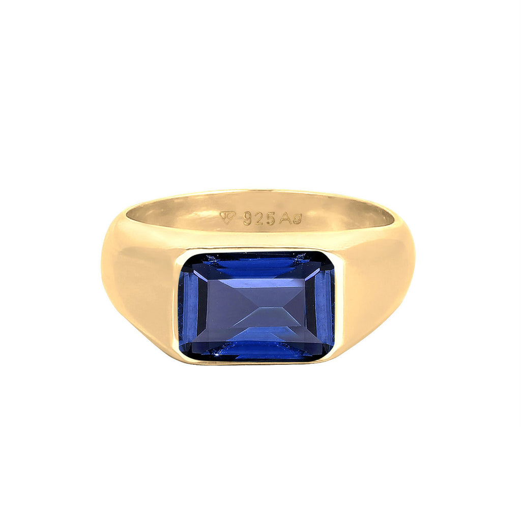 Gold Cincin Perhiasan Perak 925 Wanita Signet Sapphire Gold Plated
