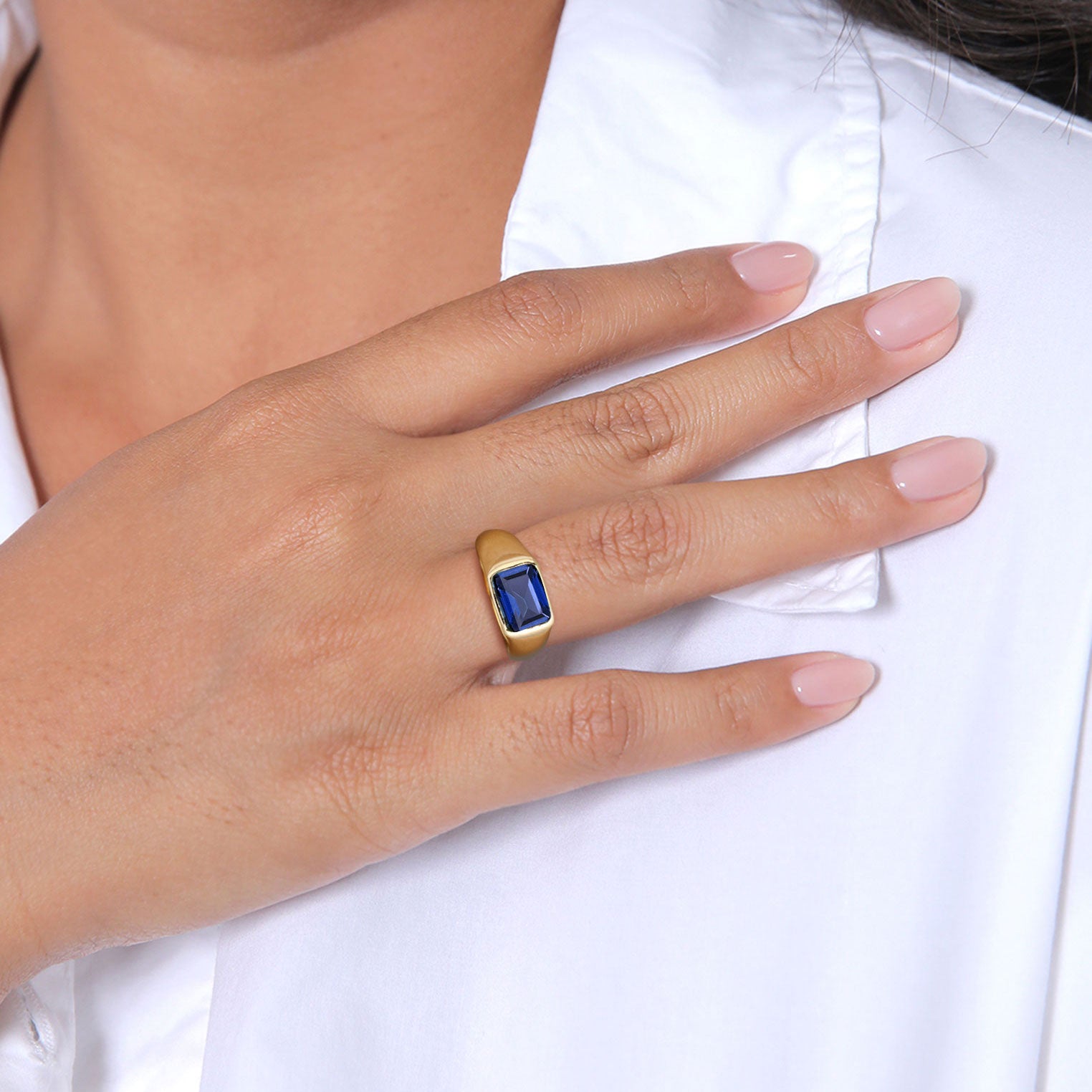 Gold Cincin Perhiasan Perak 925 Wanita Signet Sapphire Gold Plated