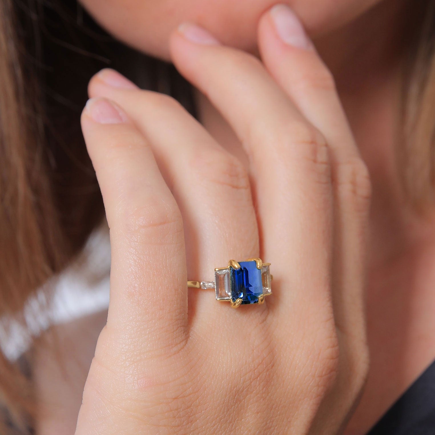 Blue Cincin Perhiasan Perak 925 Wanita Rectangle Sapphire Gold Plated
