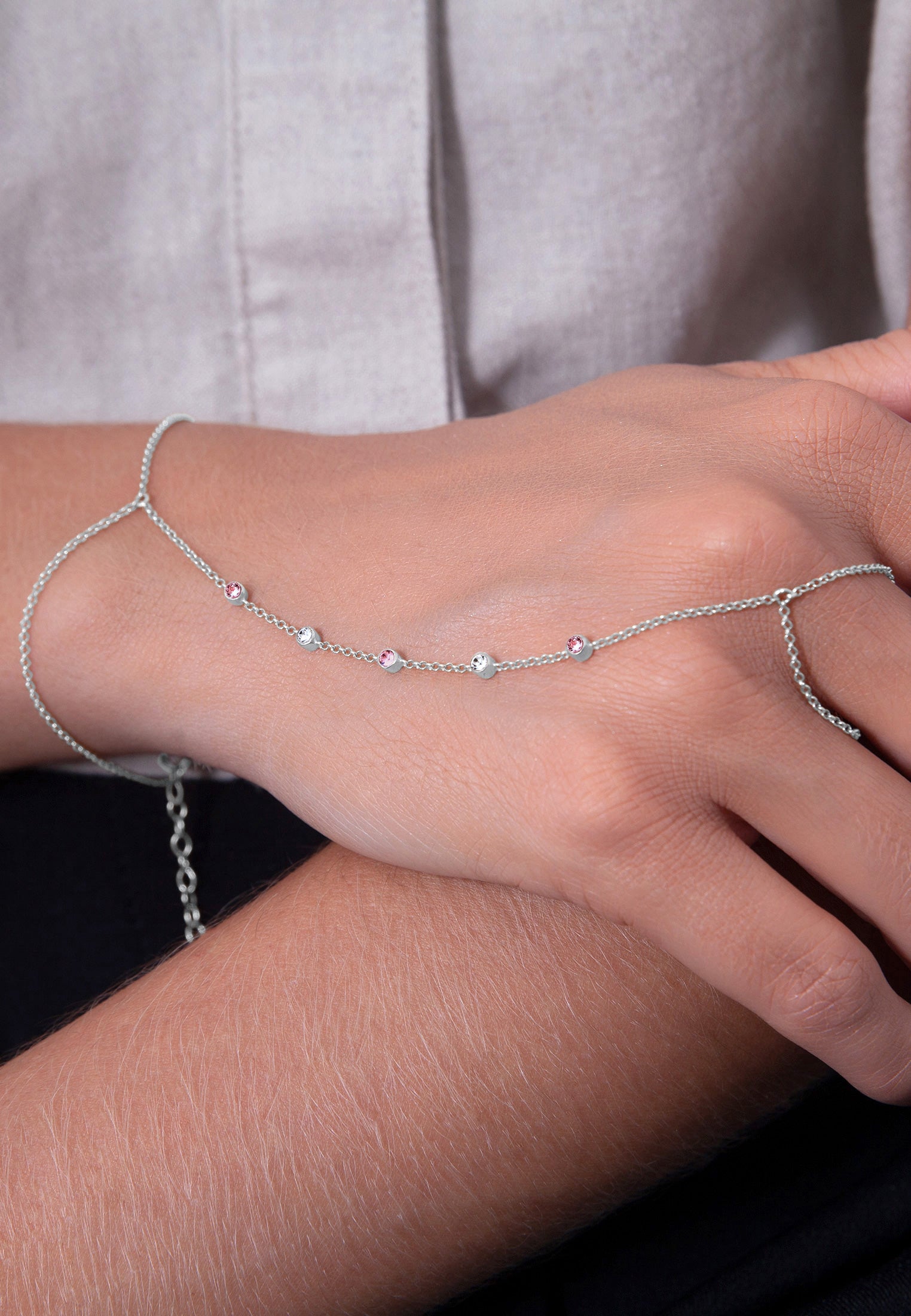 Pink Perhiasan Wanita Perak Asli Gelang Hand Chain Crystals