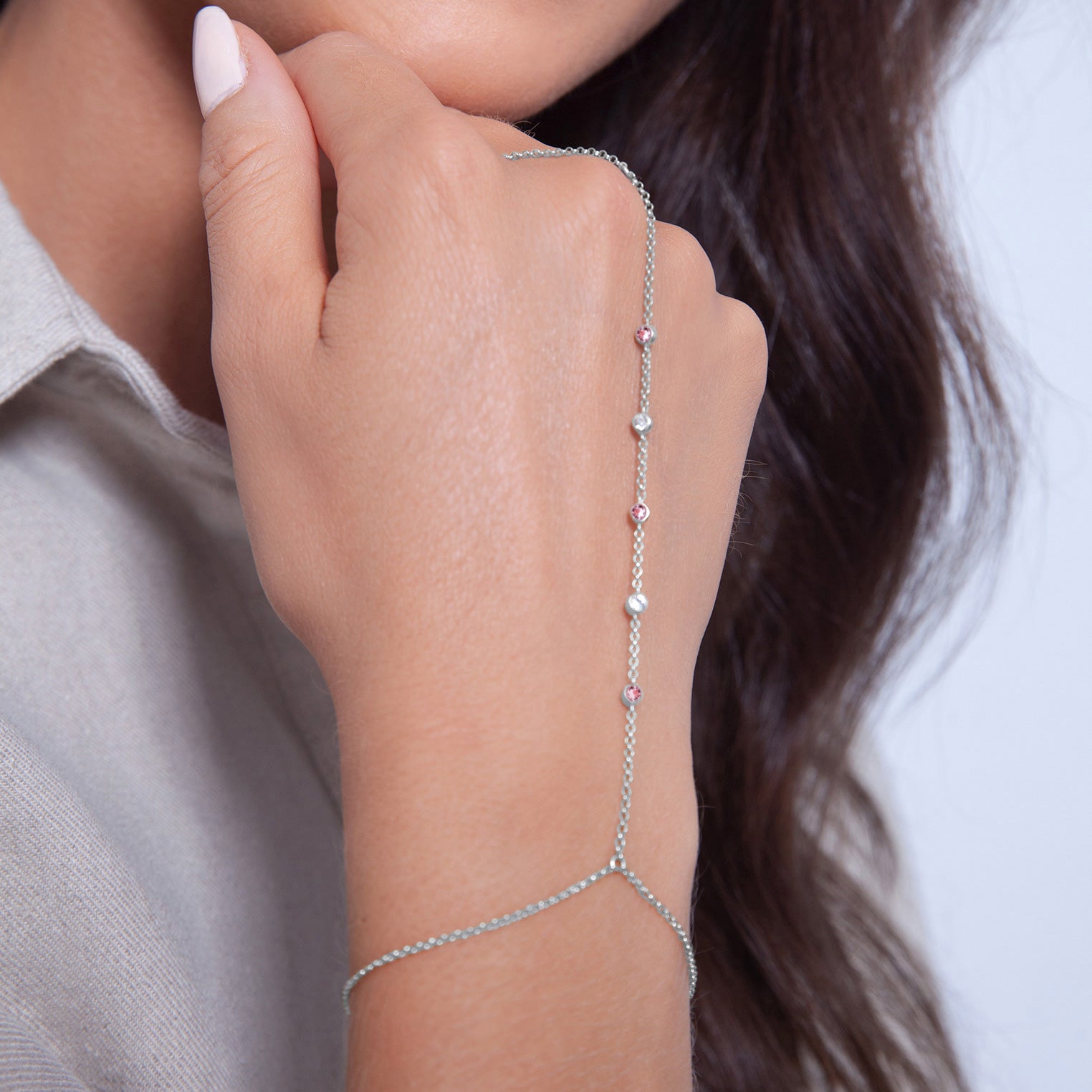 Pink Perhiasan Wanita Perak Asli Gelang Hand Chain Crystals