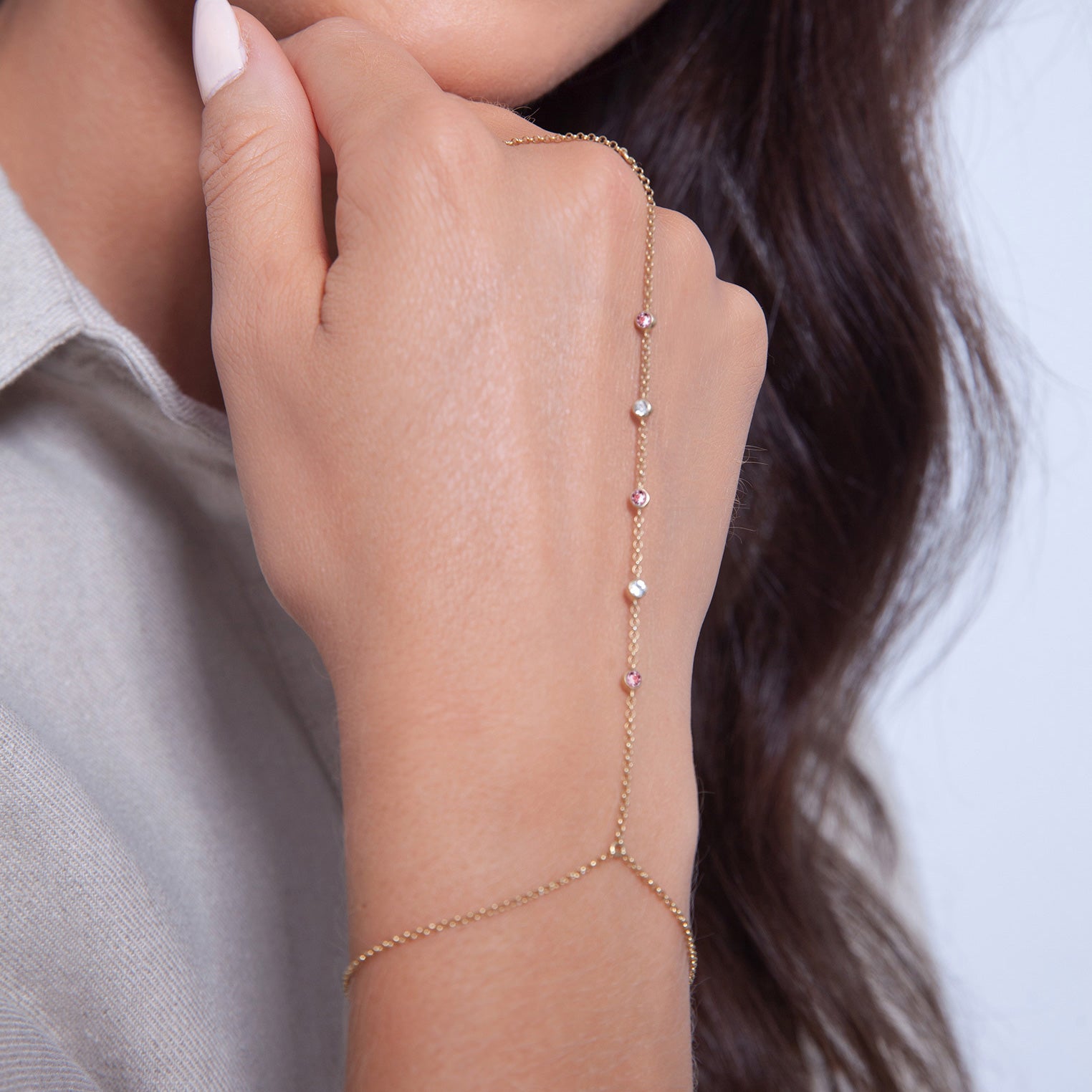 White Perhiasan Wanita Perak Asli Lapis Emas Gelang Hand Chain Crystals